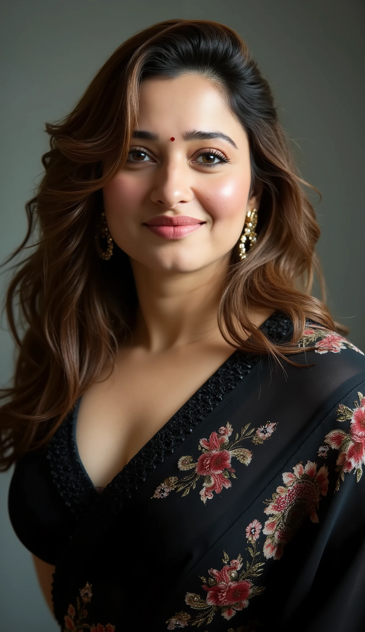 (((Portrait of tamannah bhatia, adult actress, 40 years old, wearing indian jewelry:1.40)))((最high quality,8k,masterpiece:1.3)), Realistically, Sharp focus, high quality, alone, indian, Middle-aged women, Beautiful woman,(((wearing black traditional saree))), 4, plum, Light brown semi-long, Wrinkles around the eyes, ((Voluptuous figure)), light makeup, ((Large Breasts, cleavage)), smile, Big skeleton,((((blouse)))),(((Tight Skirt))), ((studio Background))、, Panoramic Lens, Hyper HD、((((Shake your head))))、((A gentle smile))、((A gaze that seduces viewers)), ((((Looking down from below))))、(((Looking down at the viewer)))