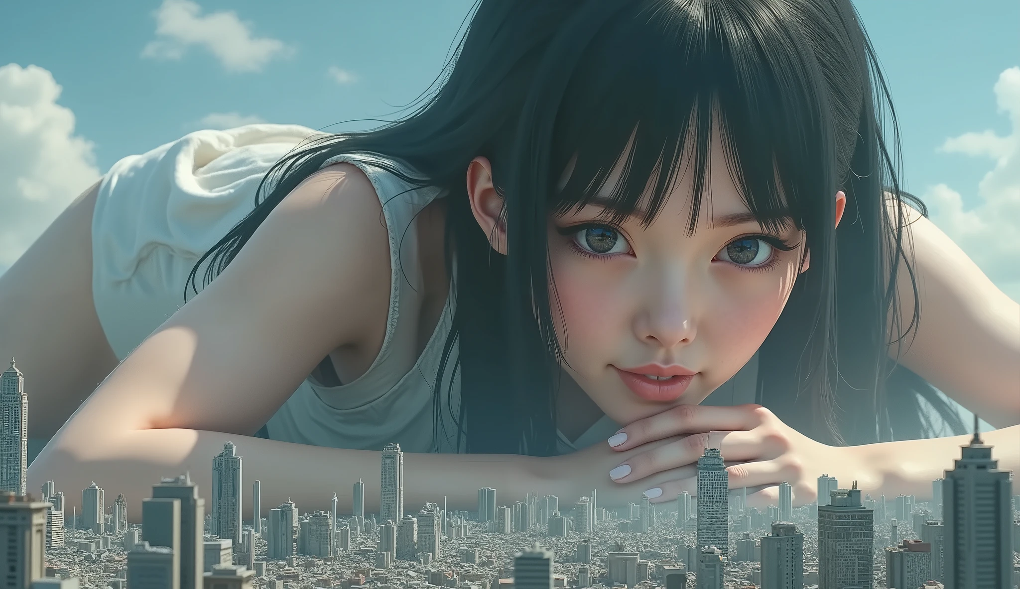 (High Beautiful Super Giant Japanese girl, Super Real photorealistic), (Super Best masterpiece Raw Photography Art), (16k, Highest Image Quality, super high resolution, RAW photos ), (Ultra-wide field of view, Very detailed and accurate1Point perspective drawing), The real world is being crushed and destroyed by a very, very, super overwhelming, huge Japanese girl