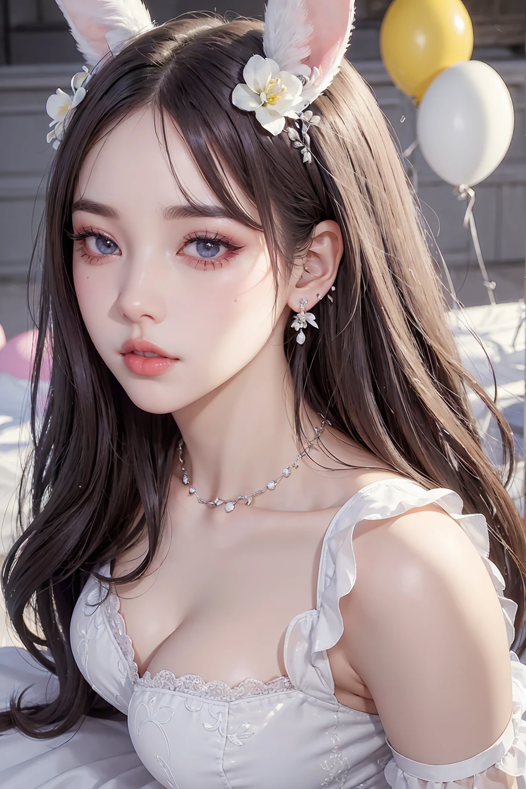 (One Girl:1.3), Cinematic Light, (Tabletop, highest quality, highest quality, beautifully、aesthetic:1.3), Very detailed,Best details,(Very detailed),, From above,(( Lying in bed)), alone, chest, Silky long hair, (Brown Hair), Roses were scattered in the flowerbed., ((suit)), ((shirt)), Open chest,Big chest,Accurate finger drawing,Anatomically correct hand