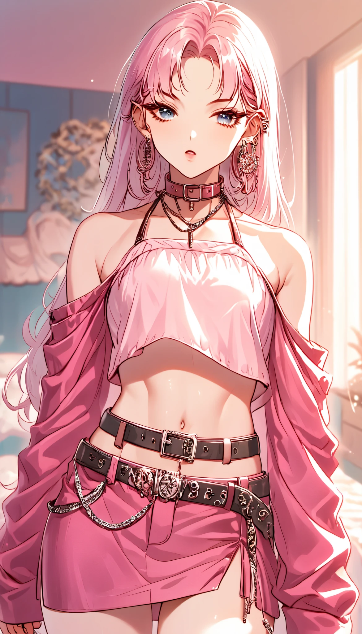  The clothing described is pink in color and consists of two main pieces .  The upper part is a top that has a halter design ,  with straps that connect behind the neck ,  leaving the abdomen exposed .  The fabric is light and tight , adapting well to the body .  A The lower part is a short skirt that is also made of the same material,  with a tight cut that highlights the curves . 

there are additional details,  like a chain or thin belt at the waist ,  that adds a touch of style .  The combination of the clothes is quite feminine and attractive ,  with a casual, summer look .  The model also wears accessories such as large earrings and necklaces ,  that complement the look .  The environment in the background appears to be a bedroom ,  with a bed decorated in neutral tones .