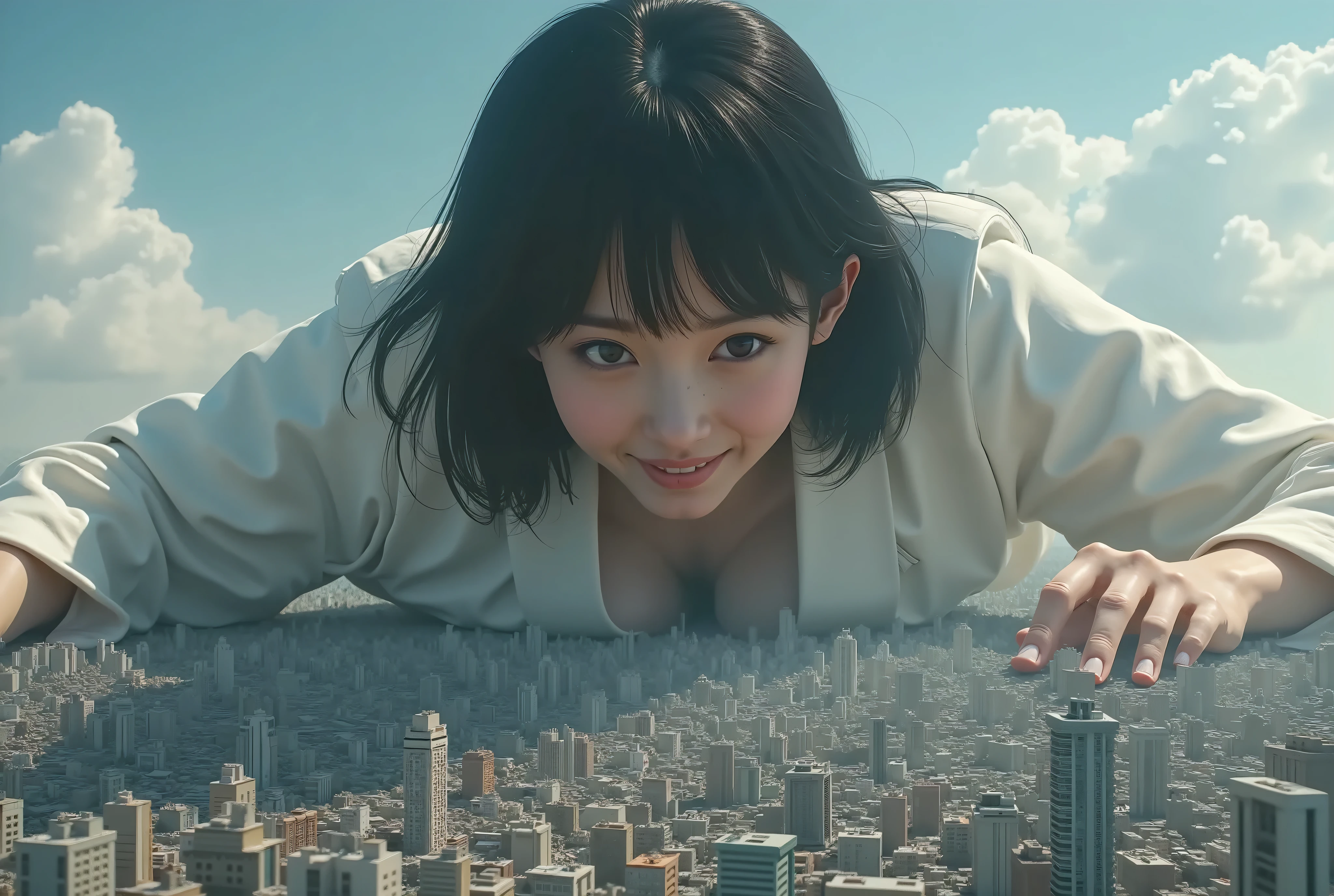 (High Beautiful Super Giant Japanese girl, Super Real photorealistic), (Super Best masterpiece Raw Photography Art), (16k, Highest Image Quality, super high resolution, RAW photos ), (Ultra-wide field of view, Very detailed and accurate1Point perspective drawing), (Realistic depiction of a very unrealistic, very super super huge High Beautiful Super Giant Japanese girl invades a very, very super small world and there is nothing but a sense of super hopelessness), (High Beautiful Super Giant Japanese Girl lying face down ), (A real depiction of a very, very super huge High Beautiful Super Giant Japanese girl who crushes the large body of a very, very super giant Japanese girl by crushing it into a big city in an ultra-small world ), ( mature face , An innocent and smiling face is cute , Very beautiful and detailed female body, Very detailed and accurate女体の構造, Very precise body and finger movements, Very plump big breasts, The cleavage with super big breasts pressed against the ground is amazing )