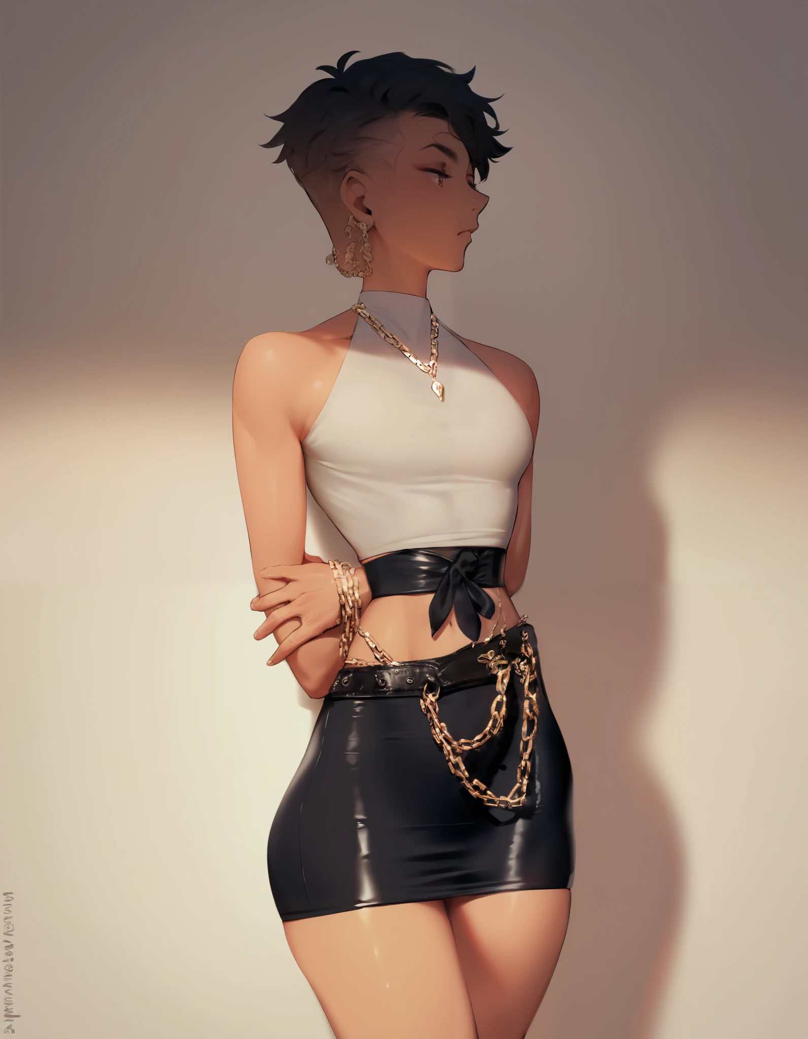 The clothing described is pink in color and consists of two main pieces . The upper part is a top that has a halter design , with straps that connect behind the neck , leaving the abdomen exposed . The fabric is light and tight , adapting well to the body . A The lower part is a short skirt that is also made of the same material, with a tight cut that highlights the curves .
there are additional details, like a chain or thin belt at the waist , that adds a touch of style . The combination of the clothes is quite feminine and attractive , with a casual, summer look . The model also wears accessories such as large earrings and necklaces , that complement the look . The environment in the background appears to be a bedroom , with a bed decorated in neutral tones .