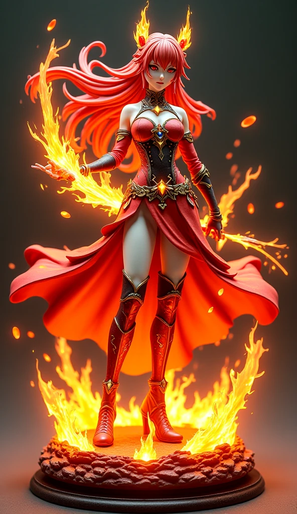 Fantasyart、(top-quality、​masterpiece:1.2)、ultra-detailliert、(photoRealstic:1.1)、(sharp focus)、(A female spirit of melted flame that burns bright red:1.5)、(full body Esbian:1.4)、Detailed Molten Fire Elemental、(Red and Yellow Blue Flame:1.5)、Being in a fantasy world。Fructal art of flame、kindly smile、beautiful face、A detailed face、perfectly proportions、big breasts、busty, curvy hips、navel、buttock、Crotch gap、thighs thighs thighs thighs、(Dynamic Poses:1.5)、Steampunk style、Detail Master 2、steampunc、Movie girl、Girl melts、