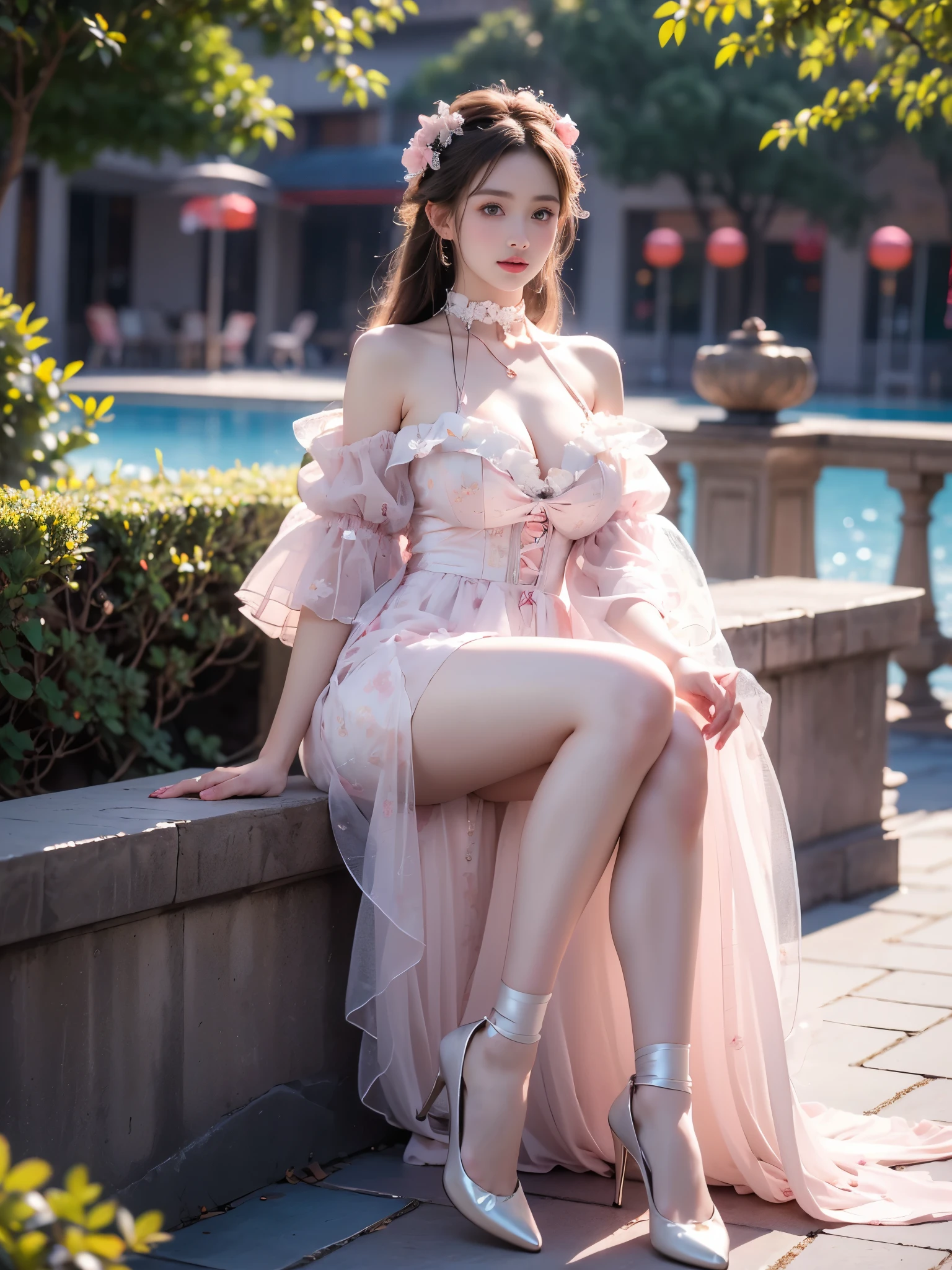 dress bow,layered dress,choker,butterfly wings,hair flower,long dress,
pink dress,pink sleeves
,(Above the calves view:1.4), ((Portrait-oriented, focusing on the subject's body above the calves)), (from below:1.2), (I-type Valley), (Large breasts), (Very short hemline, revealing smooth thighs), Realistic beautiful woman, sexy long-legged model, Elegant sitting posture. while one hand elegantly lifts the hem of her skirt up to her thigh. soft natural makeup, and her hair flows beautifully in the gentle breeze. Photorealistic lighting and shadows, high detail, 4K resol