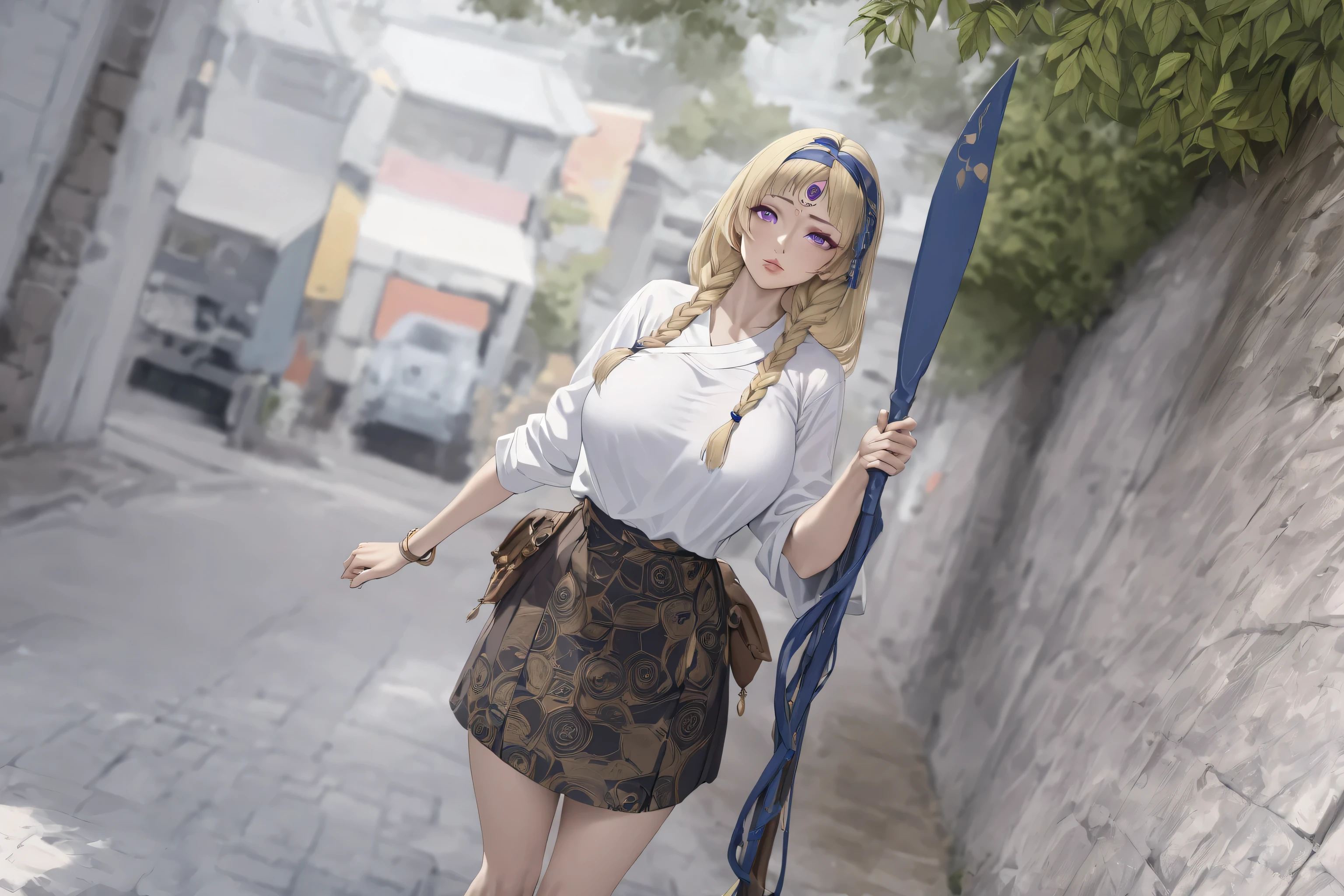 masterpiece, absurdres, detailed, extra details, extremely detailed, 1 girl, solo, mature female, perfect composition, detailed lips, big breast, beautiful face, body proportion, realistic face and body, real, pale skin, gorgeous thighs, goddess body, stunning breasts, (long blond hair with two braids :1.2), (golden hair:1.2), (sfw:1), (nudity:0.1), eupha cosplay, eupha from refantazio, (large purple eyes), small face, shy, loving look, fix face, long hair, blonde hair, braid, dark skin, (one third eye on the forehead), anime, head facing camera, streets of Japan, garden background