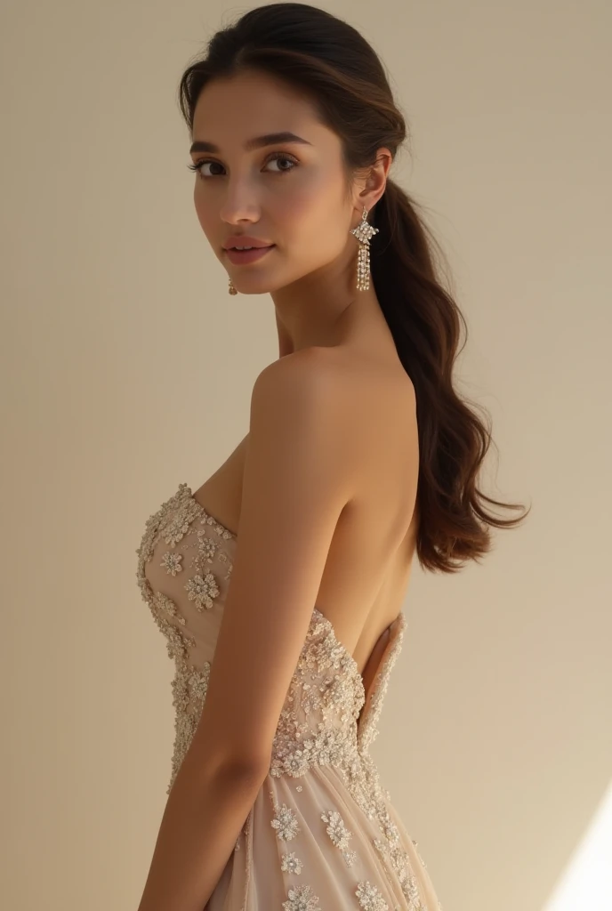 I want you to create me a girl who looks like Lana Rhodes without the tattoos, a little more tanned, qui regarde le spectateur droit dans les yeux, with a very realistic detailed face and body. Seins silliconne, Sexy elegant dress