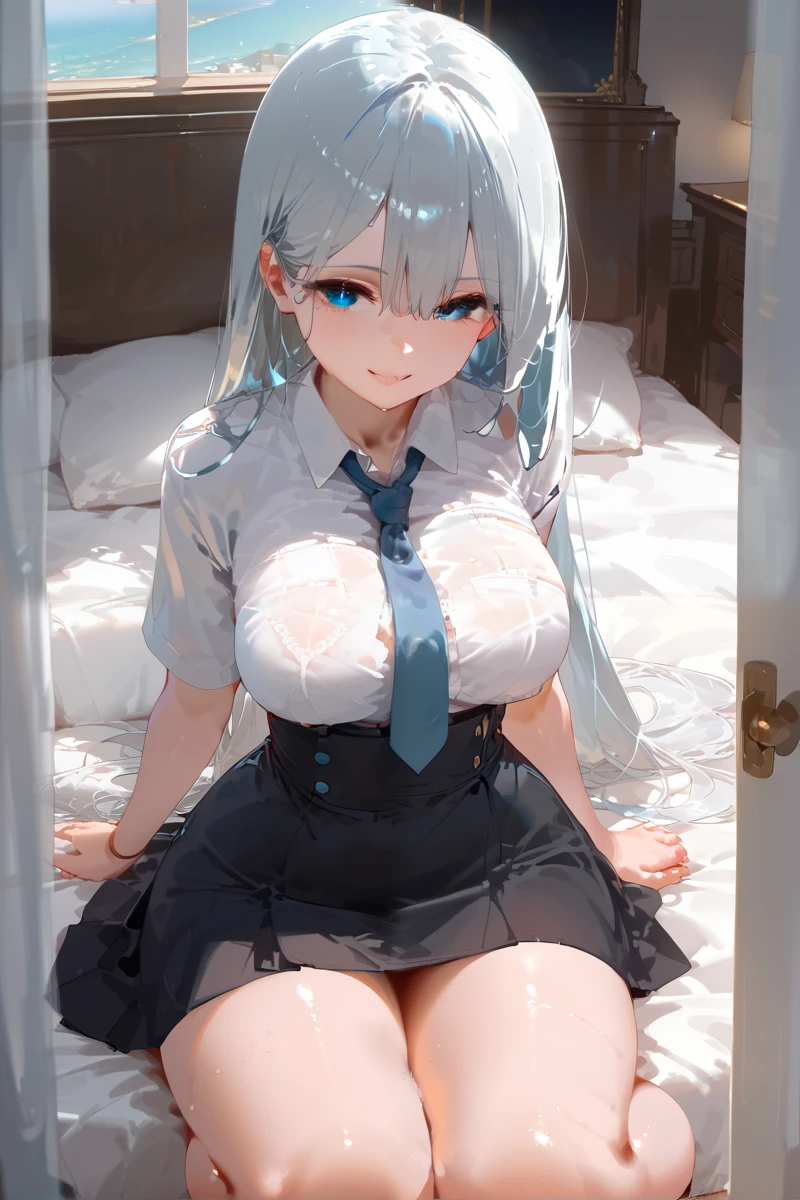 Blue white hair , sky blue eyes, long haired , bangs , attractive proportions , Perfect Ratio , ideal body proportions, attractive proportions , Full female , curvy body , in her bedroom, (( thighs tied at the side , On the knee)), High Angle View , shiny skin , huge boobs , (small waist), (( wide hips )), white shirt , light blue tie, black skirt , wicked smile, tempting, Sweating,