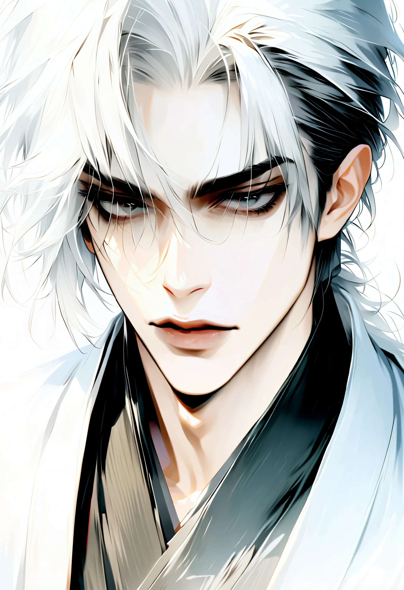 ( absurd, Hi-Res, Super detailed, masterpiece, Best Quality, Semi-realistic), face focus , Alone, 1 male, handsome, beggar, 25-year-old male, white Hair , bob hair, dark eyes, Pure white hanboku, look uneasy