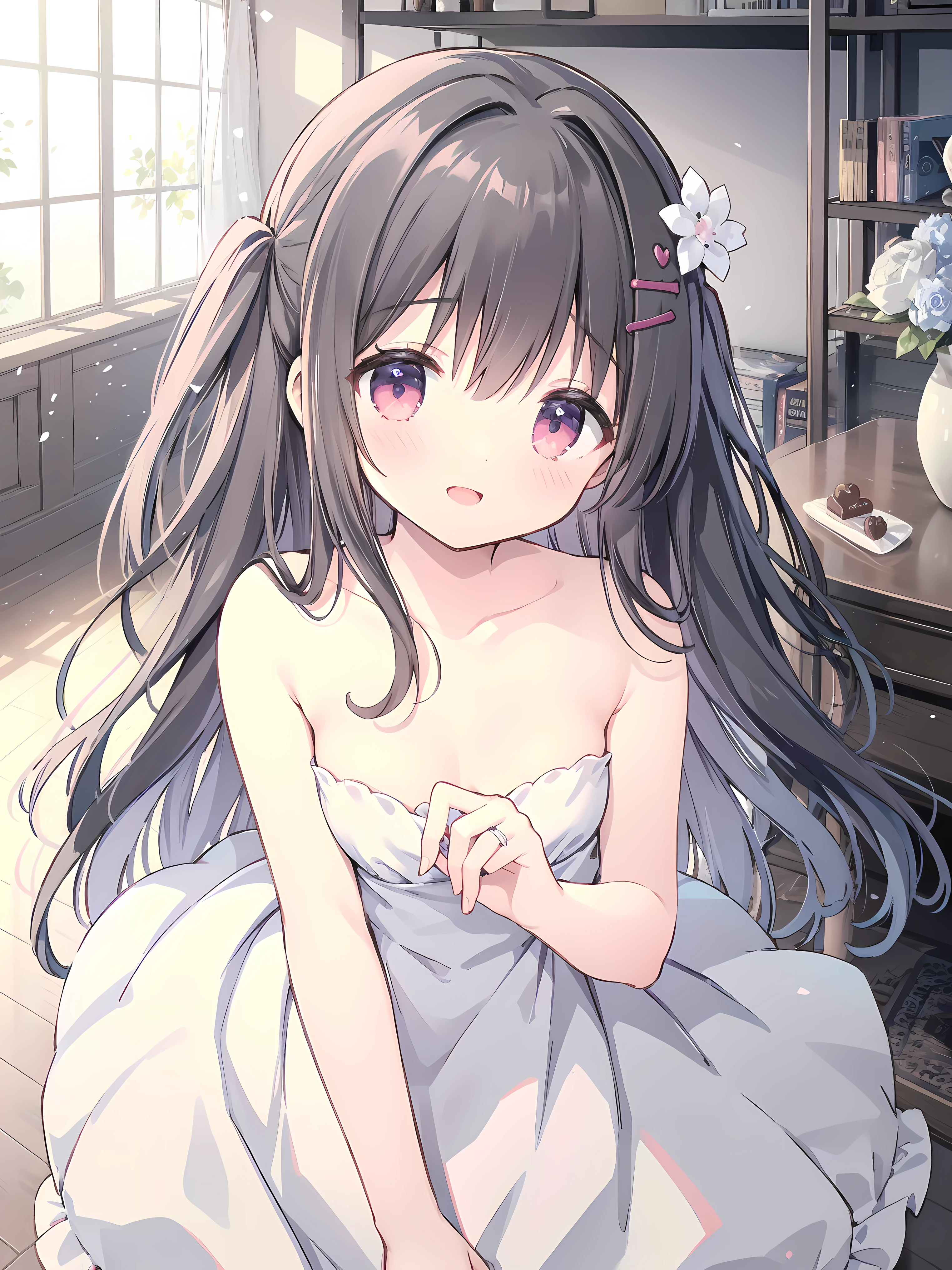 Nardack style lora, a soft and enchanting high school girl, her short stature is cute little , her hair is dark black and her eyes are amber red , ((The high school girl wears a luxurious and elegant wedding dress)), Feed the viewer a piece of Valentine's chocolate, her eyes closed next to winking like a flirty girl, smiling sweetly , close up