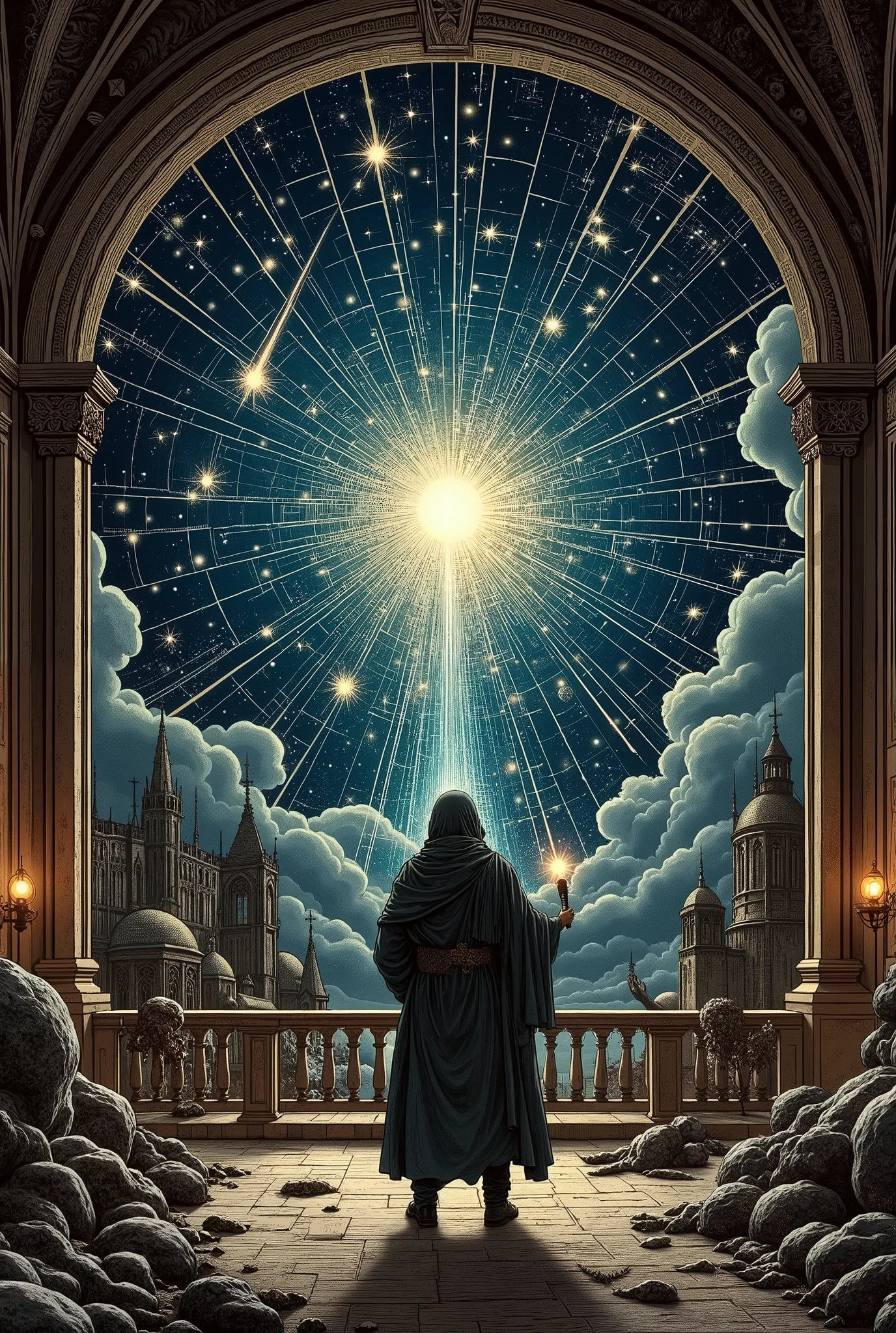 (Ultra-detailed face, Looking away, Gothic Illustration, Dark tone colors. ), BREAK
(A fresco depicting the starry sky of the north is painted on the high ceiling of the dimly lit chapel of a large Romanesque church. A shooting star is depicted. There is a large spider-web crack in the center of the fresco, through which the sunlight glints like rays of light and looks like an angel's ladder.)
