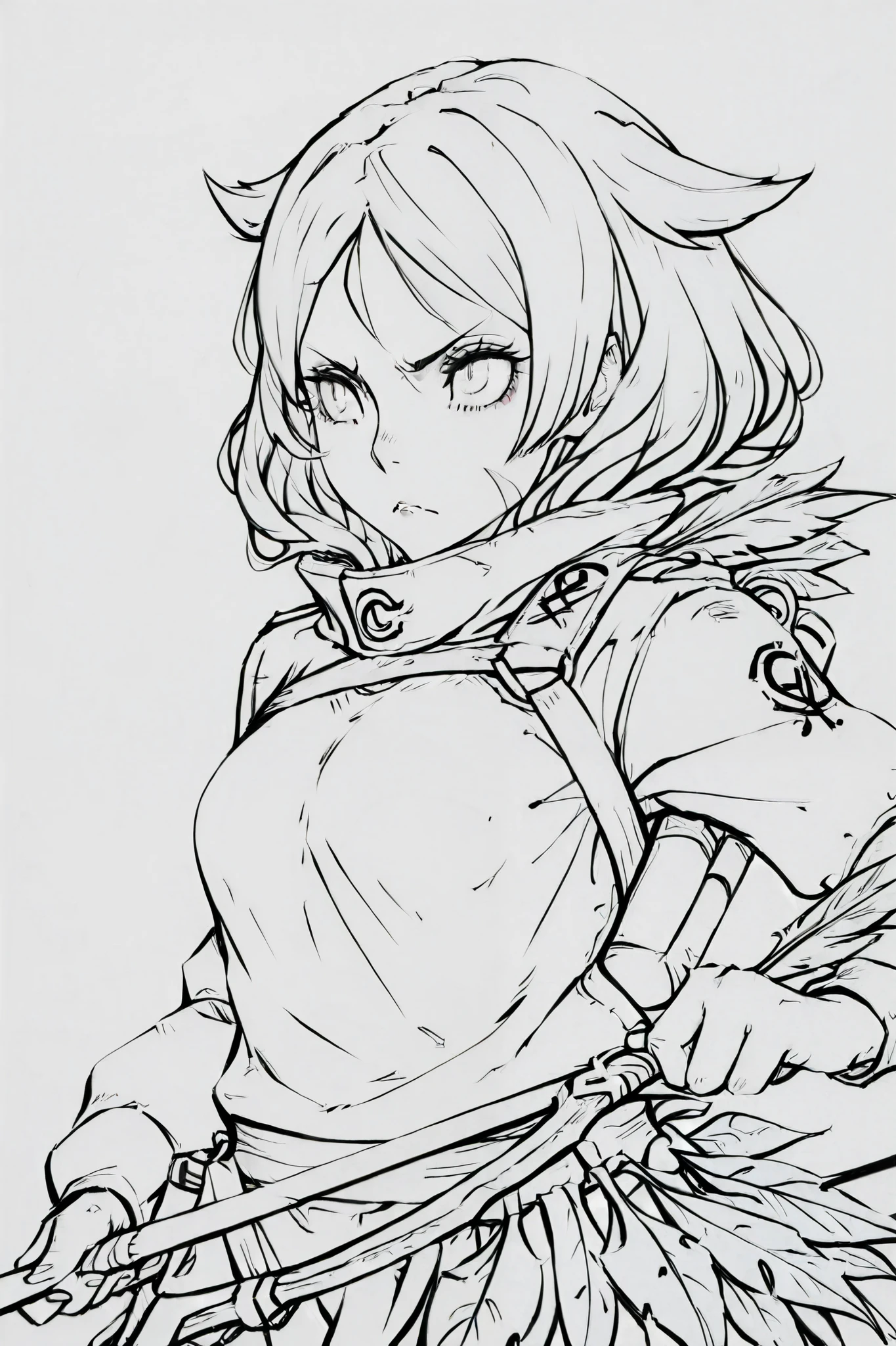 score_9, score_8_up, score_7_up, score_6_up, score_5_up, score_4_up,
BREAK
(masterpiece: 1.0), best quality, perfect anatomy, perfect composition, perfection,
BREAK
line-art, lineart, monchrome, greyscale, masterpiece. kdm style, no color
BREAK
1girl, huntress, holding bow, hair flaps, round eyes,leaf top, leaf skirt, quill, feather in hair, slender, graceful, defined eyelashes