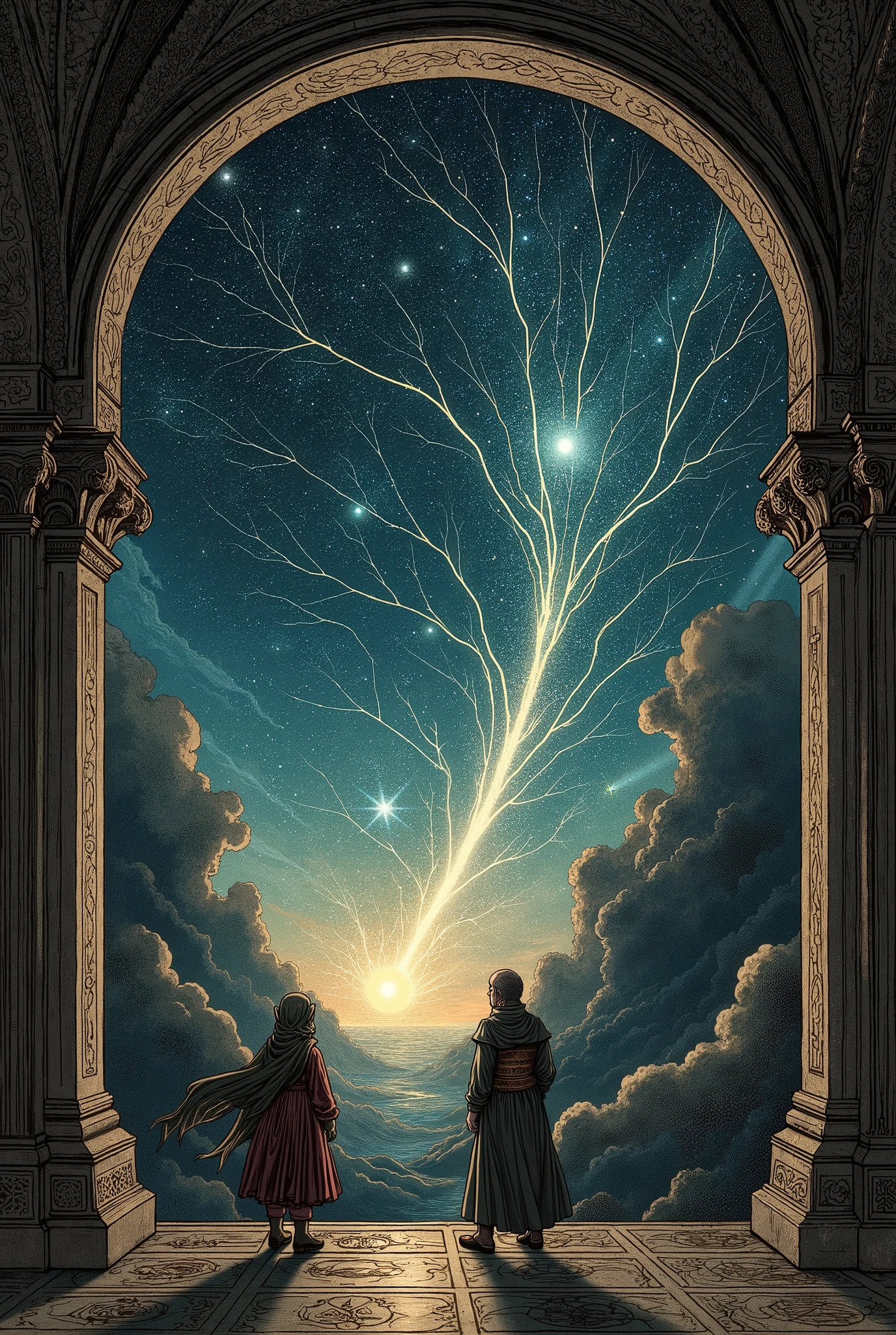 (Ultra-detailed face, Looking away, Gothic Illustration, Dark tone colors. ), BREAK 
(A fresco depicting the starry sky of the north is painted on the high ceiling of the dimly lit chapel of a large Romanesque church. A shooting star is depicted. In the center of the fresco, there are many thin cracks like a large spider's web, through which the sunlight glints like rays of light, making it look like an angel's ladder.)