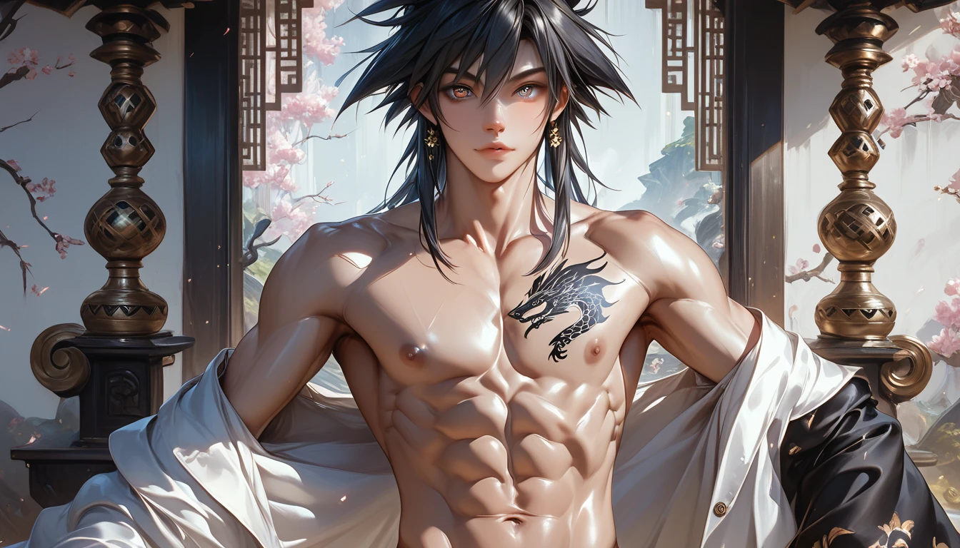 man, masculine, masculine face, attractive, muscular, ((1man)), masterpiece, absurdres, best quality ,intricate details , (shiny skin, shiny body, shiny oily luster skin, shiny hair, pale skintone), Sundown, attractive, ((muscular)), adult, one, tattoo in his chest ,black blouse, earrings, black pants, Don't look at the view , Not looking at the view, blue long hair, perfect detailed face, perfect detailed hands, vampire, blue eyes, ((MLS)), medium large shoot