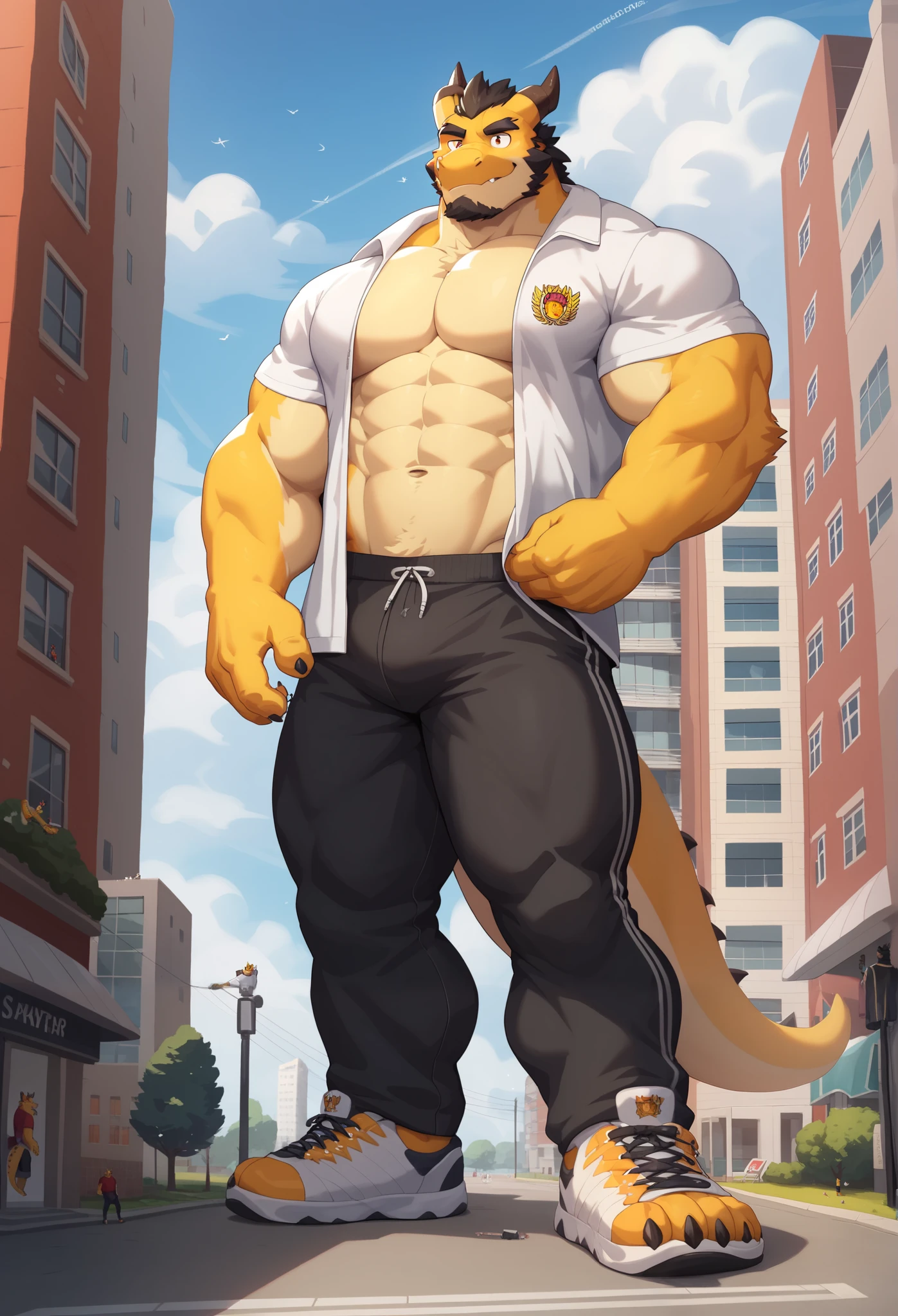 Scribble dragon face,furry(dragon),pummelig, strong muscle,( black eyebrows :1.1),(perfect eyes), yellow fur，alone,（artist:takemoto arashi),（jock:1.3）， standing, Sneakers，（ Black beard :1.3），（Civil :1.3, College jacket, t-shirt, pants) Dragon(Massiv:3.0, ( heavyweight , strong,Macro, Emphasize, stands next to buildings,)), background (( university campus )),　naked