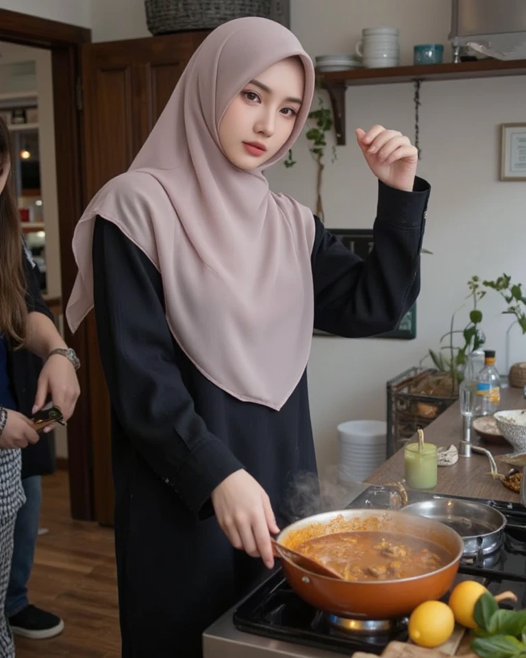 mira filzah cooking lunch wearing big loose knitted sweater in kitchen, (mira filzah:1.3), wearing hijab, cute kitten by her side, pastel color hijab, realistic body, slim, textured skin detailed, detailed skin, mole below eyes, dark skin, happy, small breast, flat chest, proportional body, small head,