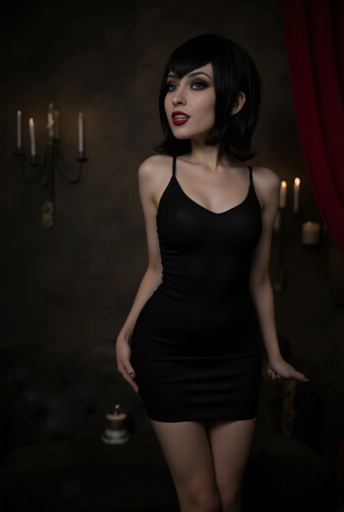 masterpiece, beautiful woman , full body,wide shot,standing, <lora:hoteltransylvania_mavisdracula:0.75> ,mavis dracula, striped red and black thighhighs, tight seethrough black dress,smile,goth makeup,thick thighs, hands behind back,nighttime