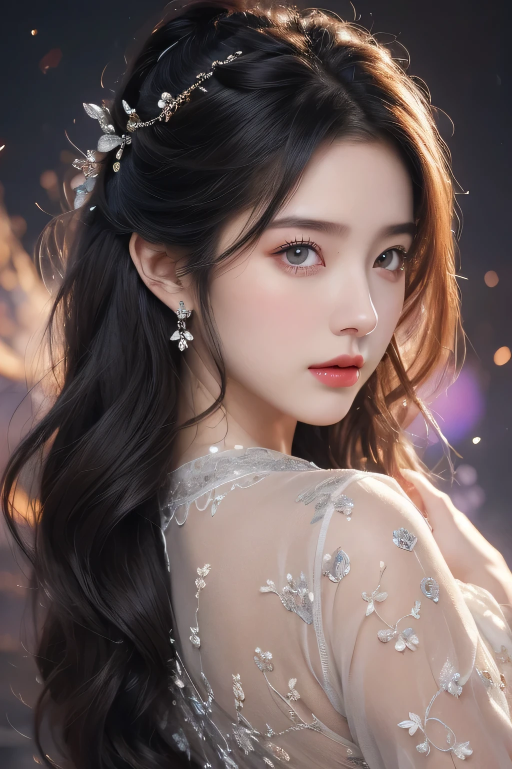 High-quality work，Realistic works，Super premium graphics，8K HD CG works，high quality graphics，High-definition and exquisite CG works，10x pixels，Ultra-fine details：1.1，Advanced technical details：1.1Realistic photo effects，Interior lighting effects：1.5，natural soft light：1.5. Light effect（Virtual light effects：1.8），ultra high resolution，shining dress，sliver long hair，silber hair，transparenthair，high detailed hair（Quality hair details：1.1）Clear eyes，Double eyelids look good，Sharp eye makeup, Create exquisite eyelash makeup, tthin eyebrows, Ultra-detailed eyes，a tall nose, lovely red lips, rosey cheeks, With delicate makeup on her face , pretty face, The face shape is perfectly proportioned,（Advanced facial details：1.1）ethereal Moon Goddess of unparalleled beauty, Smooth, captivating motion (yellow eyes, extremely detailed, bioluminescent):1.7 , blue bioluminescent body: 1.7. (flying, floating body): 1.5. (surrounding drifting clouds, night sky), gentle, graceful demeanor, elegant and pure temperament. Hair silky (Exquisite silk dress, delicate silver pattern, extremely detailed), (exquisite crown, extremely detailed), Moonlight creates a halo.，Women's artwork，Dress full body video，Realism，Amazing Cleavage，My eyes are very bright today
