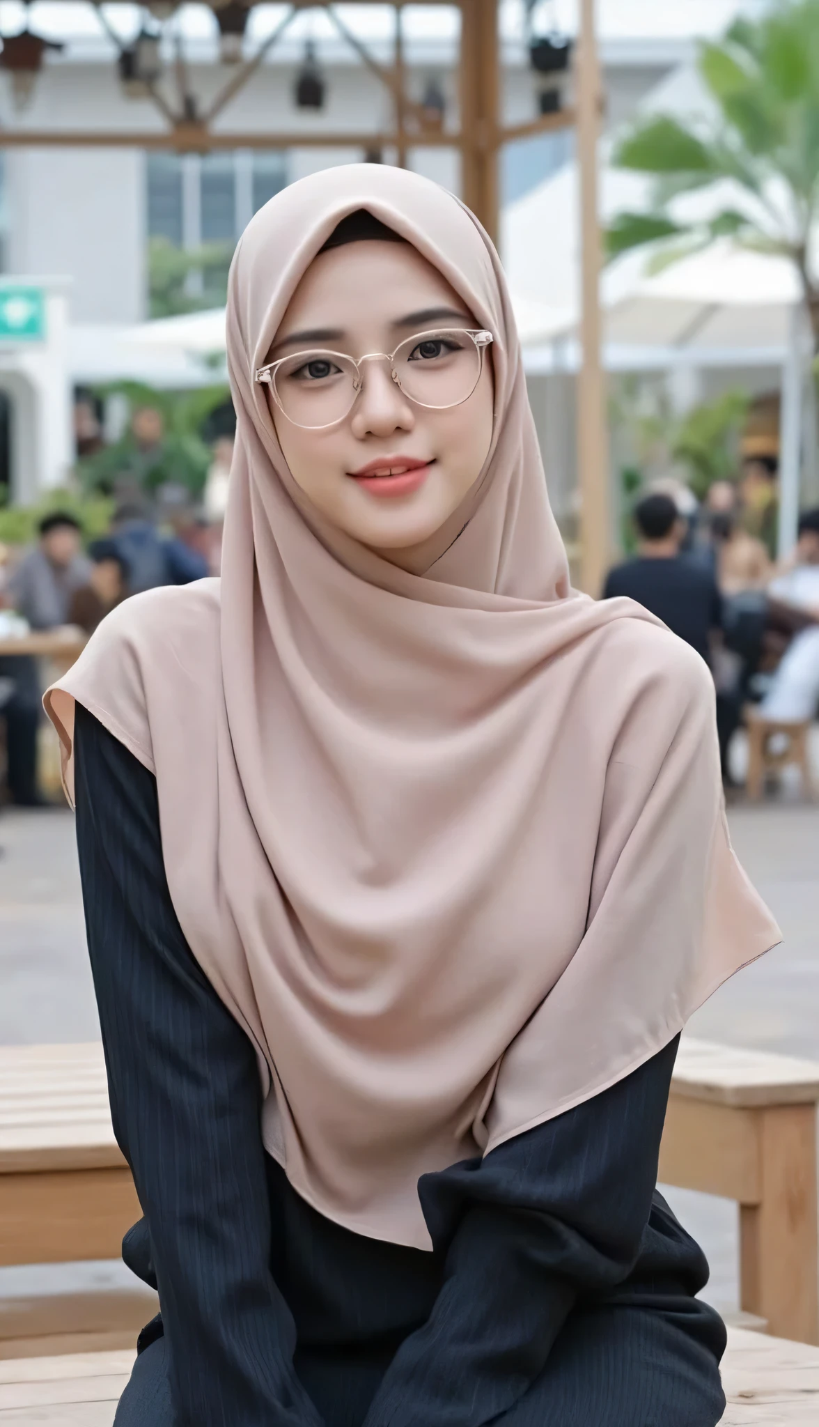 (Masterpiece: 1.2, Best Quality), Realistic, (Realistic Picture, Complex Details, Depth of Field), Best Quality, Masterpiece, Highly Detailed, Realistic, 1 girl, indonesian, 22 Years Old, wearing hijab muslimah, chest forward, medium breasts, thin lips, full body photo view, looking at the camera, wearing casual outfit, look at viewer, City square background, hot body, massive f-cup breasts, thin round circle glasess, many people are dating, sitting pose in the town square pavilion, thin smile
