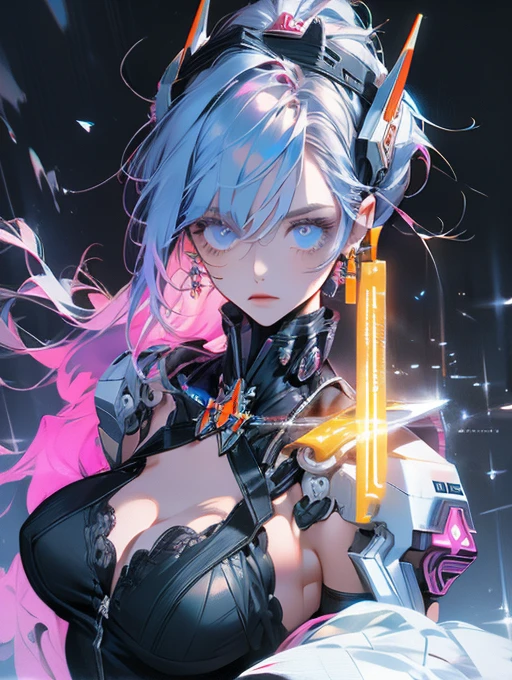 {{masterpiece}}, best quality, extremely detailed CG unity 8k wallpaper, cinematic lighting, lens flare, beautiful detail eyes, black, side glance, multicolor short white hair, colorful light, particles, heterochromia, (colorful:1.5), (colorful hair:1.5), futuristic bikini steel, beach view,