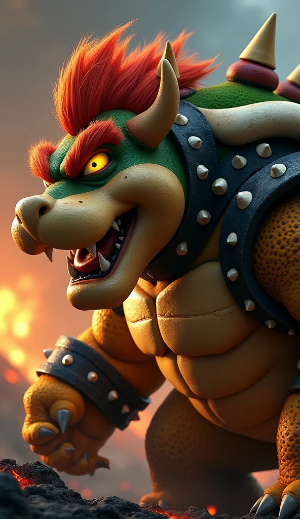 (ultra detailed)、Bowser、Evil Face、Red glowing eyes、Muscles and clothes、horn、wing