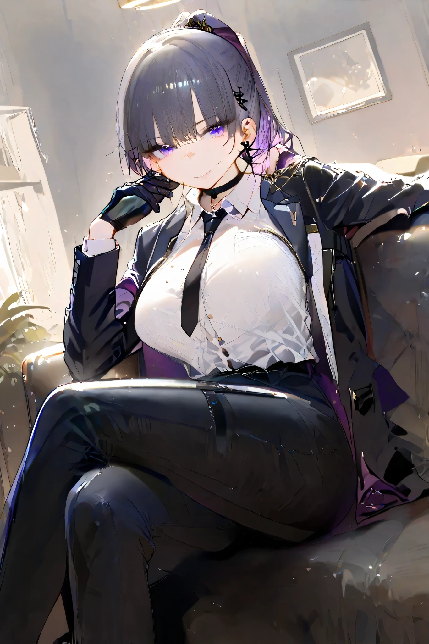 Purple single ponytail,Black JK uniform,black pantyhoses,black heels,sit on chair