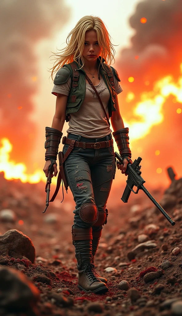 dark and torn, ung beautiful muscular body, fierce expression, holding a gun, (colors in your clothes, warm, orange, yellow, violet:1.3), standing in a desolate wasteland, dramatic lighting, intense shadows, sandy texture, tall contrast, vibrant colors, dynamic pose, powerful posture, rough background, explosive atmosphere, dystopian theme, surreal elements, digitally painted illustration, high definition resolution, intricate details, dramatic composition, avant-garde and chaotic brushstrokes, Gothic style, intense emotions, epic scale, raw and gritty feeling, Captivating and provocative works of art.., (at night, darkness:1.5)