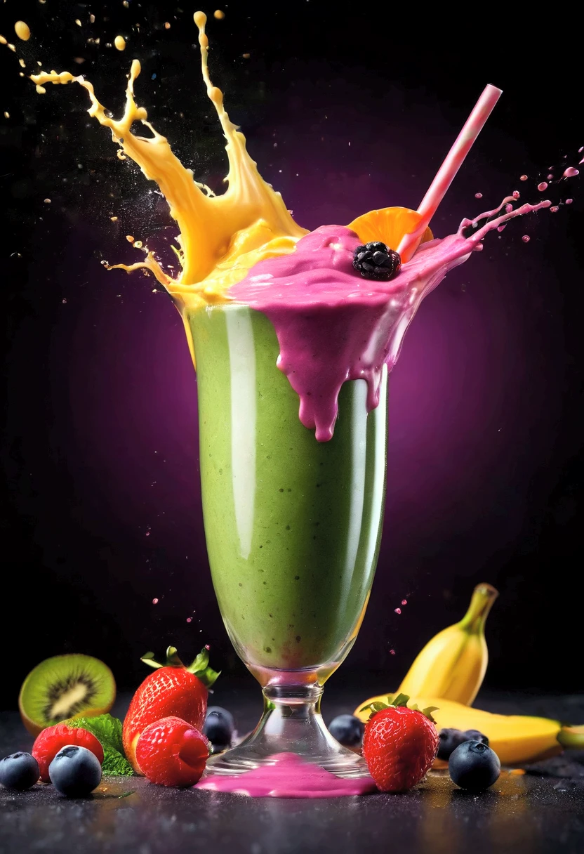 Smoothie, healthy and vibrant smoothie. capture dramatic smoothie splash. creative dynamic compotition vary angle. macro food photography, taken by very high tech expensive camera. eyecatching, mouthwatering and cavtivating. photo product, great for poster promotion. 8k, hd quality, ultra realistic, hyper detailed. out of the box idea taken from different angle.