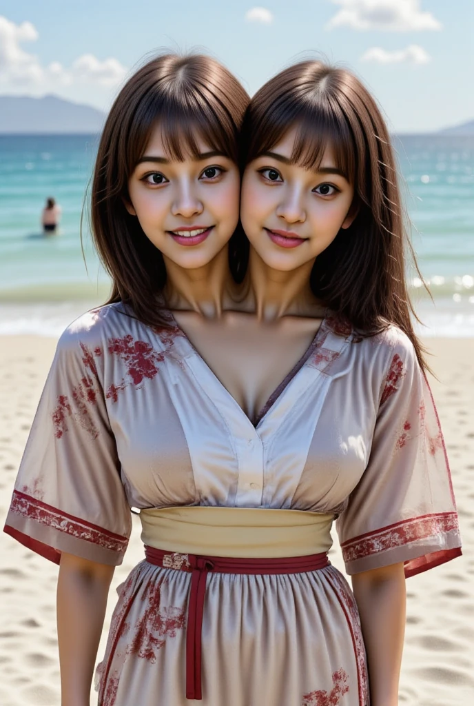 (8K,best quality,masterpiece:1.2),ultra detailed,(photo realistic:1.4),highly detailed,absurd res, blurry_light_background,full_body,mideum shot,Cowboy shot, tropical paradise, sandy beach, crystal clear water, gentle waves, palm trees, vibrant colors, summer vibes, relaxing atmosphere,joyful expression, carefree attitude, refreshing breeze, sun-kissed skin, golden sand, leisurely walk, tranquil ocean, beach umbrella, colorful beach towel, refreshing drink, beach ball, seashells scattered on the sand, (starry night),(fullmoon.),((sunset)),((((2 girls)))),japanese gals,(21 yo,18 yo),((Sisters)),in the beach,((mideum messy wave hair,twintail)),((dark blonde hair,black hair)),((Slender body)),((tiny tits:1.9)),((mideum tits:1.5)),((wet skin)),(tan_skin:1.1),(tanlines:1.1),(suntan lines:1.1),asian_beauty,from front,big smile,sexy pose,naked kimono,naked yukata,Oval light brown cell frame glasses, Standing,smiling,kimono,yukata,no underwear, crosshandbra,