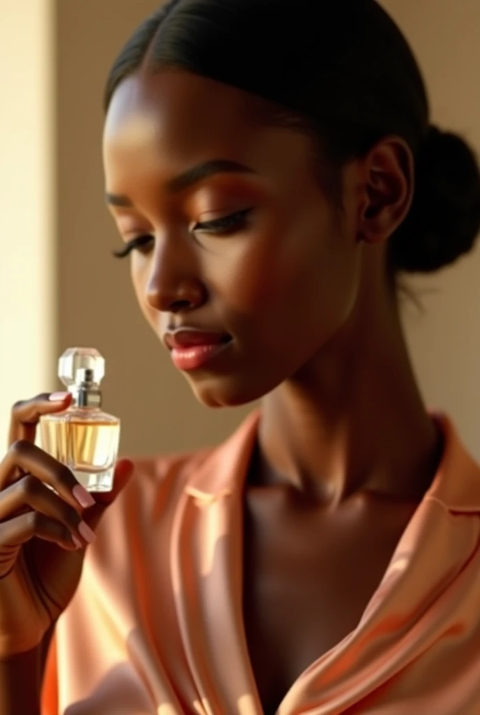 An Afro woman enjoys applying a fragrance, that highlights its elegance and sophistication, Although she is not a very rich woman, the fragrance highlights her finesse.. And natural beauty 