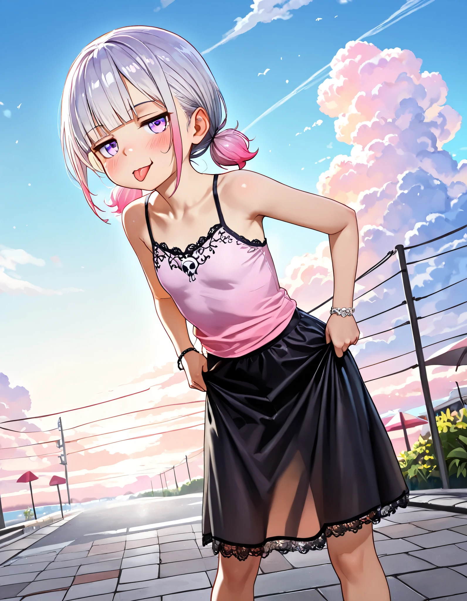 ((Masterpiece)), ((best quality)), (8K), (wide shot), (pencil drawing), (detailed background:1.2), (super detail:1.2),(High Definition:1.3), (Professional Photography:1.2), (very aesthetic:1.2), (absurdres:1.2), (sharp focus), (Dynamic Angle), ((1girl)), cute young girl, Small breast, (Textured skin), Realistic skin, Big eyes, (detailed eyes, pale purple eyes, gradient eyes, jitome), (sticking out tongue), seductive smile, blush, platinum-gold hair, (loose blunt bangs), gradient hair, red color Hair Tip, ((short twintail, low twintail)), (Healthy Gaunt body), BREAK, (medium skirt, pale pink thin camisole, skull embroidery clothe, Thin lace decoration), ish bracelet, (pull up the skirt, pull by self), (legs apart, loose standing on the tropical sidewalk), cumulonimbus cloud, summer day, (cute cheeks), glossy lips, pouty lips, (lower eyelashes), (contrasting colors, vibrant illustration), (watercolor texture),