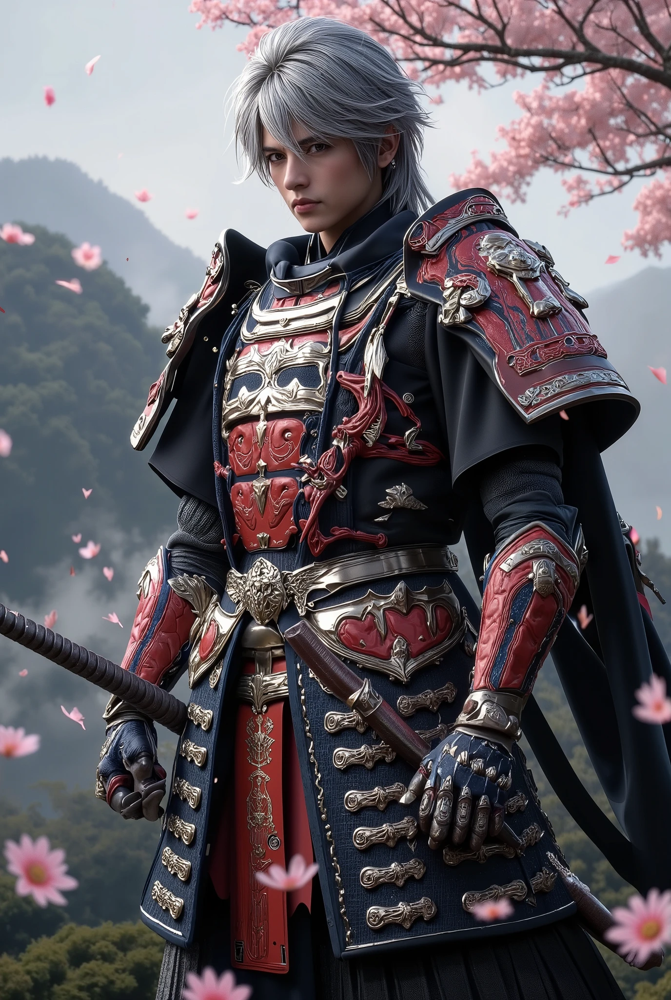 A gray-haired man in his 20s wearing Japanese armor、 Sharp Eyes 、Rin々A funny expression
