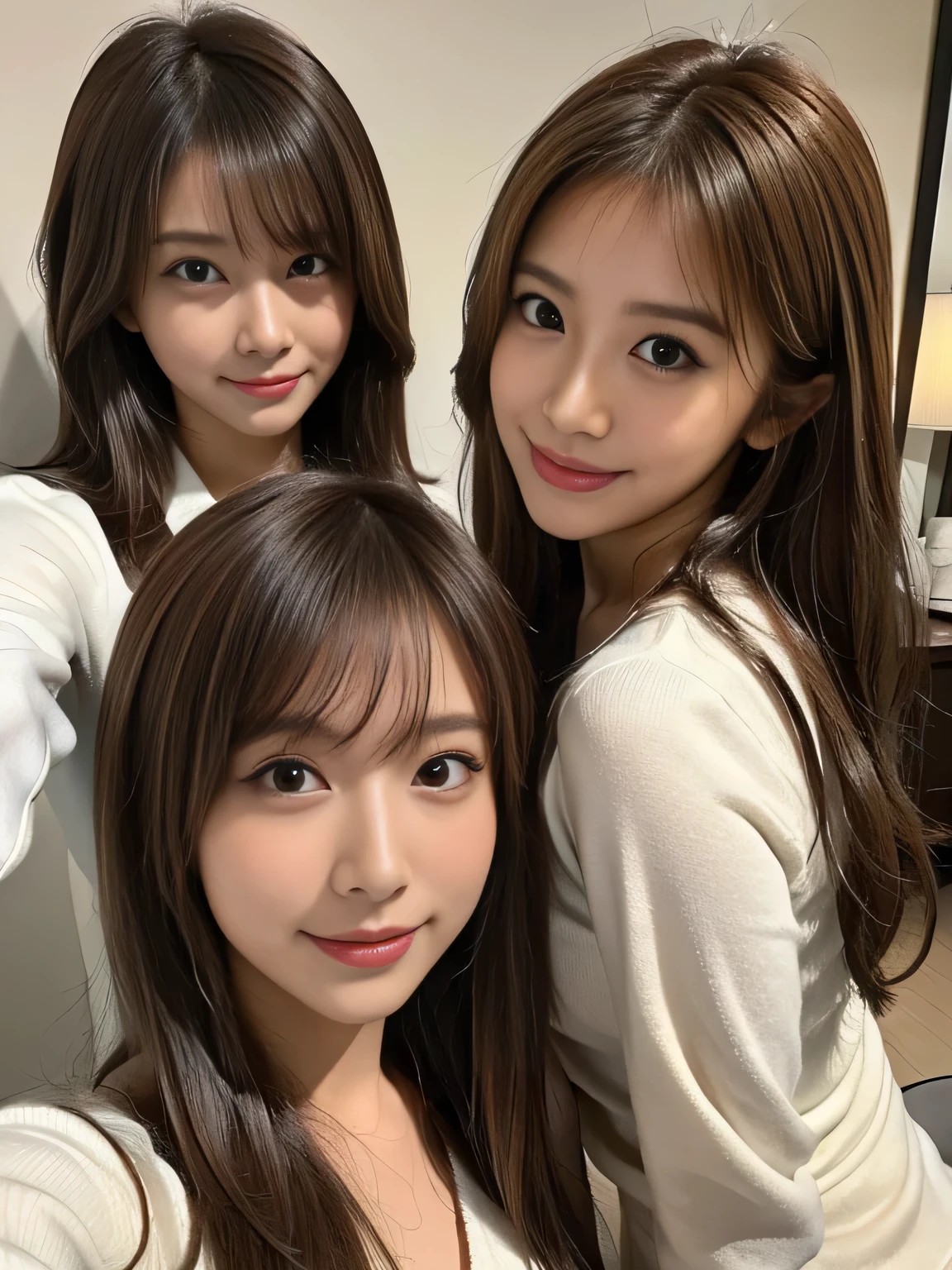Realistic、2 girls､Selfie from below，Angle from below，Black Face，Cute face，Smiling face