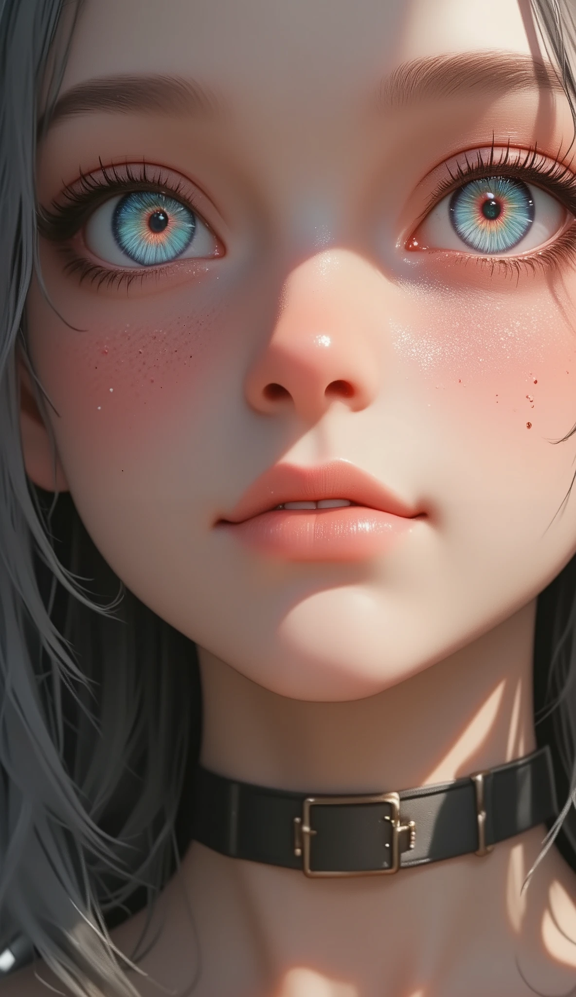 close-up, Beautiful young woman、Thick lower lip, pink hair、 dark eyes, Full Bang (soft illumination), ( high resolution )/Moles under eyes and around mouth 、Freckles/ Masterpiece, best quality , illumination, fast shutter speed , cute, personal , 8k, The orthodontic appliance that opens the mouth is visible、