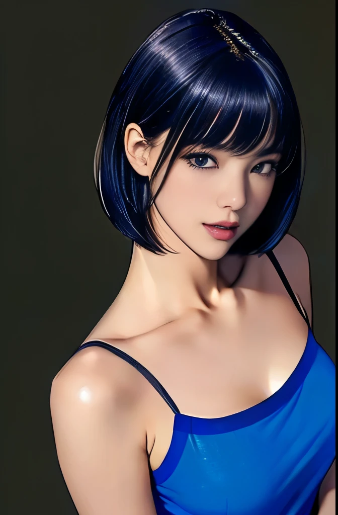 (Masterpiece), (8k, best quality , high resolution), ( ULTRA DETAILS, realistic), ( anatomically accurate ),
(( from above)), (( look up to see the viewer )),
(( face close-up)), ( standing), ( No Background ),
(1 Female),
( Japanese woman, Age 30、 height 155 cm.),
(( create a detailed image of the right eye )),
((( the impression of a girl wearing a pure {x} dark blue tunic camisole))), (( unadorned camisole .)),
( black hair), ( straight hair with four), (Short Hair), (( bob cut)),
(Put your hair over your ears),
(There is a mole on the left side of the mouth ),
((Laugh out loud)),
( create a detailed image of the right eye , Clean and friendly.),