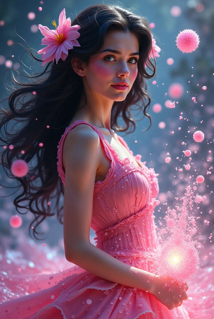 (highres, realistic:1.37), beautiful detailed eyes, beautiful detailed lips, longeyelashes, curvy figure, confident smile, elegant pose, vibrant colors, regency era, bokeh, oil painting style, soft lighting, romantic setting, blooming flowers, flowing dress, graceful movement, delicate features, alluring gaze,