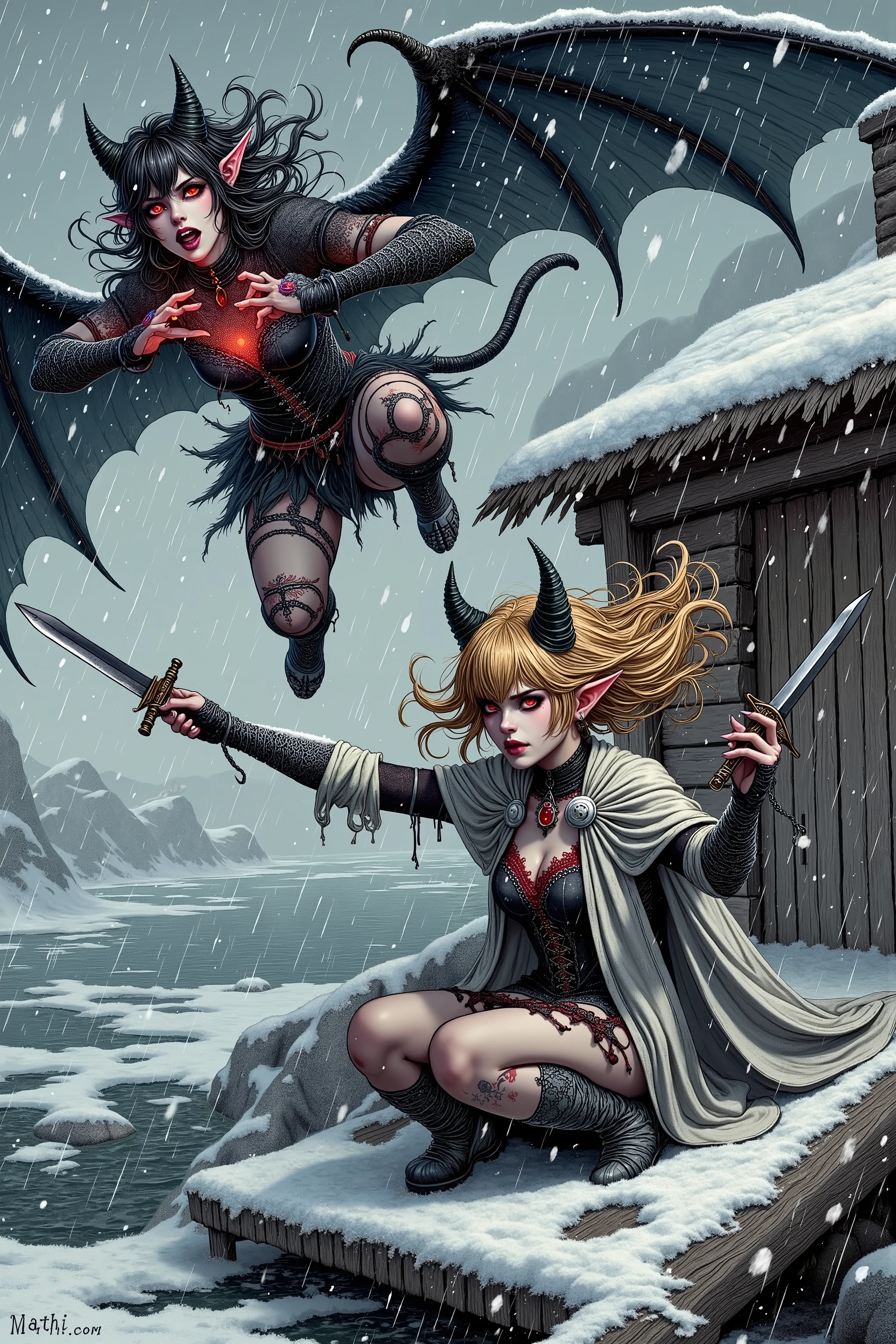 (Ultra-detailed face, Looking away, Fantasy Illustration with Gothic, Ukiyo-e. Dark tone colors. Ice Wind Dale, a city in the north. A dugout shack on a landing near a lake with frozen winter water. A big snowstorm.), BREAK 
(A fight between a cat-eared elf woman and a succubus. The succubus jumps down from the roof of the shack and cuts at the cat-eared woman with her clawed hands. The cat-ear elf woman gets down on one knee and crosses her daggers over her head to catch the succubus' claws. A line of light radiates around the intersection of the dagger and the claw. Speed lines.), BREAK 
(A cat-eared elf woman with dyed gold and black hair, a pair of cat ears on her head, orange eyes, wrinkled brows and clenched teeth, brown skin, and dark, thick eyeliner.), BREAK 
(The cat-eared elf woman wears a blue choker, a white thick woolen cape dress, and gray-green pin-heeled laced boots.), BREAK 
(The female demoness has jet-black hair and eyebrows, waist-length wavy messy hair, red glowing pupil-less eyes, small pink lips, translucent white skin, and dark, thick eyeliner. She breathes fire from her mouth with an expression of indignation.), BREAK 
(The demoness wears a hair ornament with a skull motif and a black braided body suit with red lace. She wears thin black net tights and a pair of raven-like wings flapping widely on her back.)