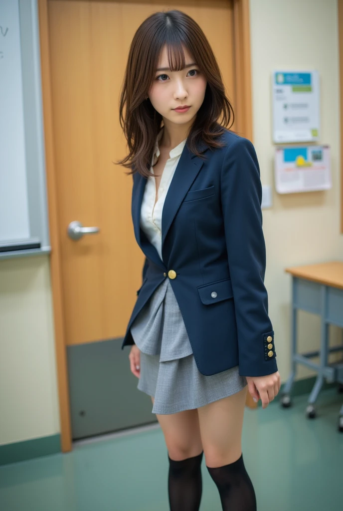 muste piece, best quality, illustration, Super detailed, fine details, High resolution, 8K,wall paper, perfect dynamic composition,(Details High quality, realistic depiction of eyes:1.3), (wavy hair:1.2), High School Classroom、High school girl uniform、blazer 、Super Short Check Uniform Skirt、Navy blue high socks、garterbelts、Colossal tits、Disturbed uniform, short bob hair, black hair color, large breasts, Big Natural Color Lip, bold sexy pose, (perfect body shape), crying a little、cold gaze, Harajuku style、20 year old girl、cute type, beautiful legs, hposing Gravure Idol, Voluptuous thighs, Accurate anatomy、Ultra-high definition beauty face、Ultra HD Hair、Ultra HD The Shining Eyes、The Shining, Super high quality beautiful skin、Super high quality glossy lip