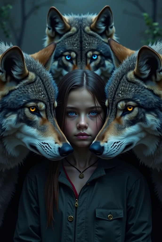 Close up of three wolves with differ eyes colors each one and a girl with Grey eyes in the middle of them