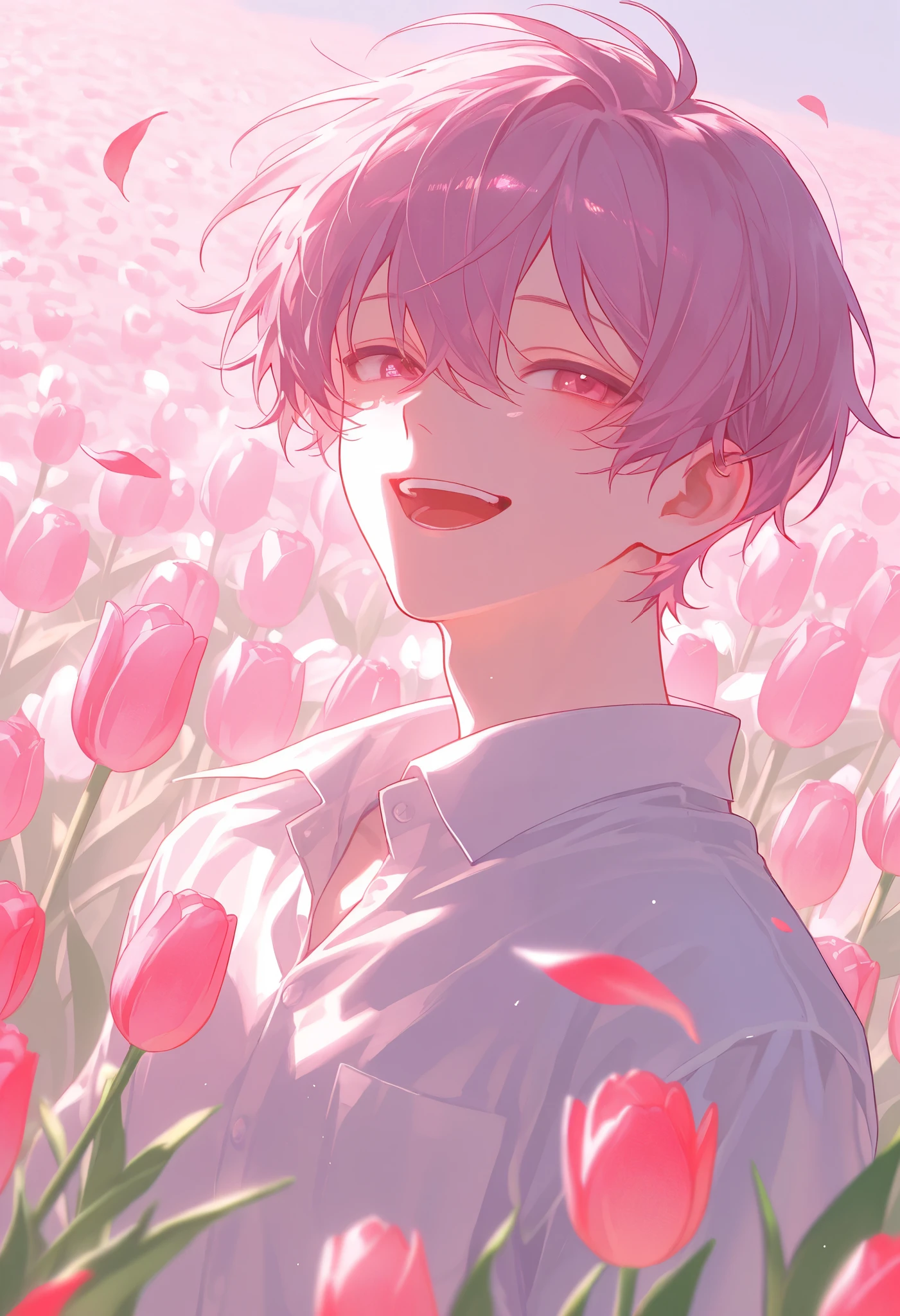 ((1 male with pink short hair:1.4)),((Tulip flower field:1.4))、 the petals dance、 white shirt、Sunshine、Clear skies、 is bursting out laughing