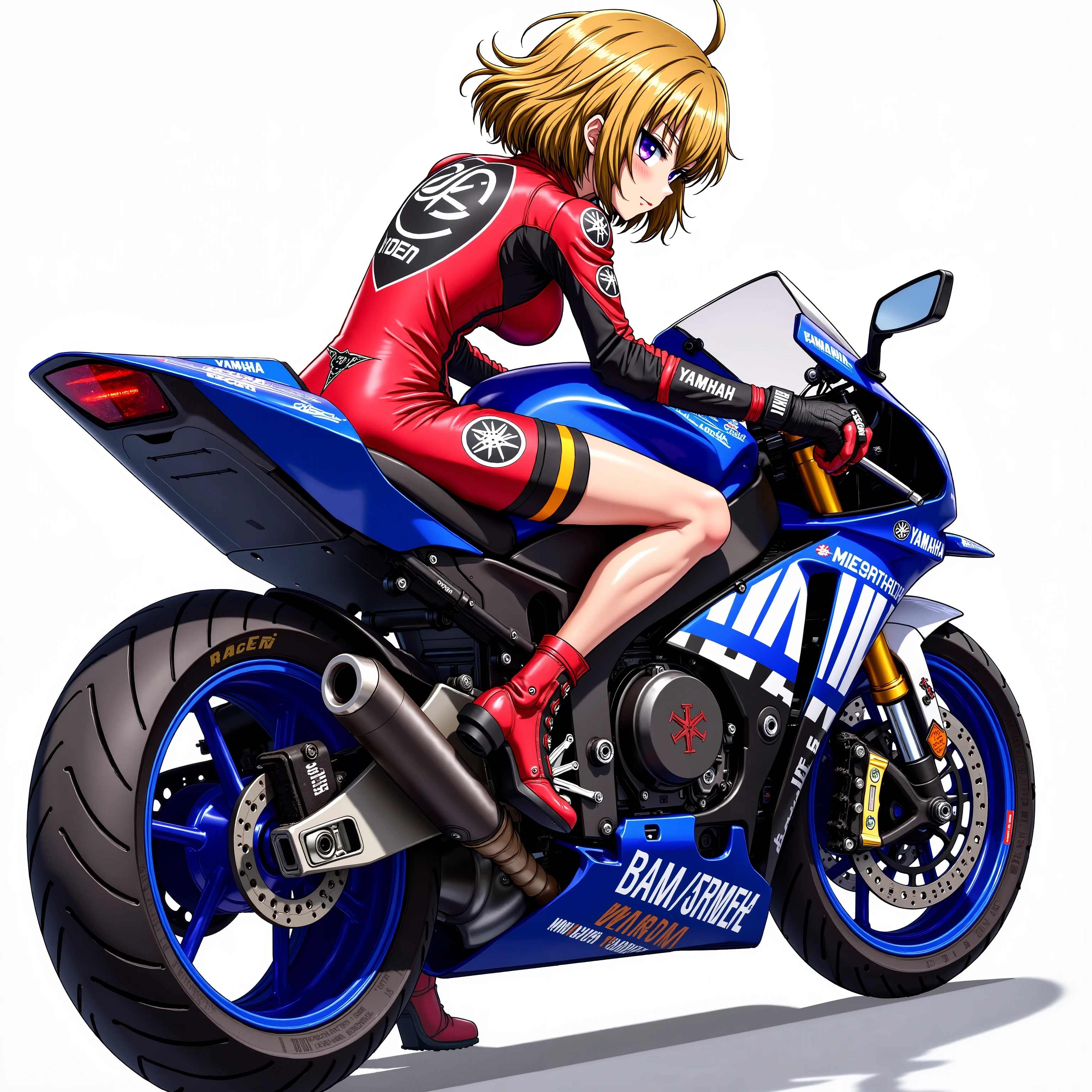 A Girl is riding a YAMAHA Mobister Color motogp, glossy brown skin, MotoGP Racer Riding Form, small breasts, video, Yellow Hair, inviting, top quality, textured skin, thin legs, movie light effect, anime, racing boots