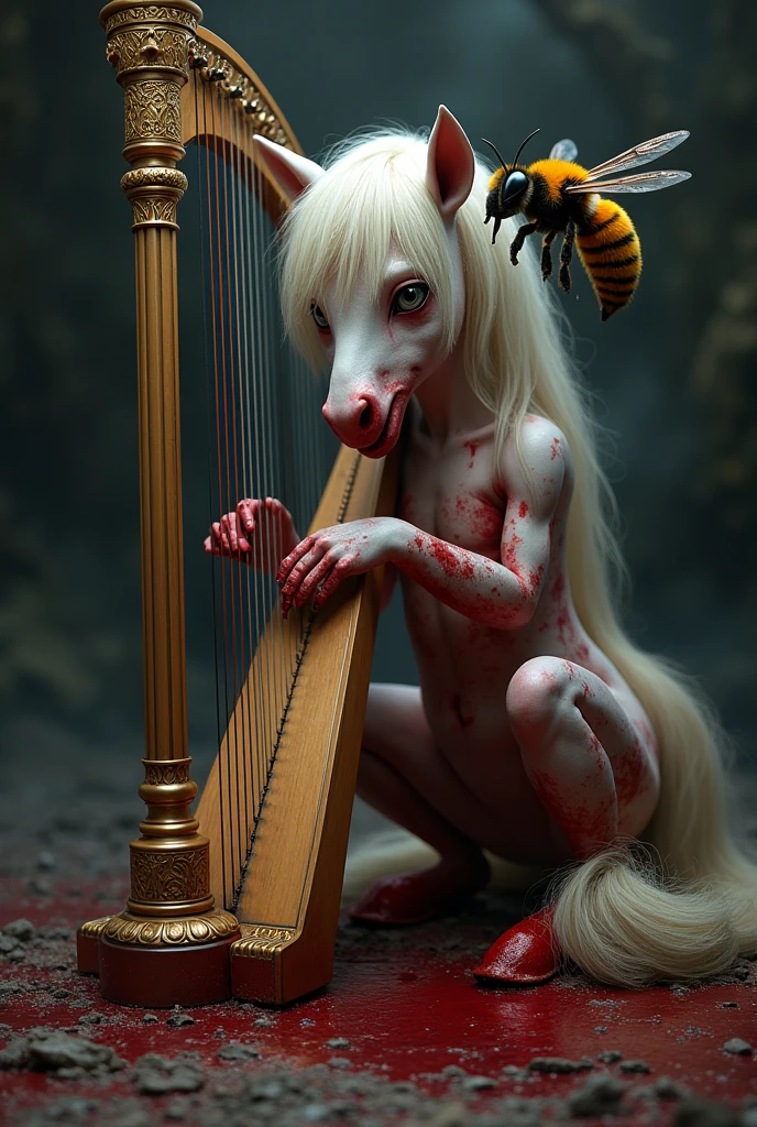A bloodied pony playing a harp with a killer bee