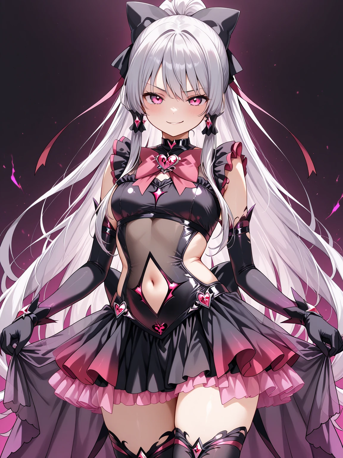((nsfw)), 32k, 1girl, solo, long hair, looking at viewer, blush, smile, open mouth, bangs, thighhighs, gloves, dress, holding, standing, yellow eyes, purple hair, ahoge, grey hair, multicolored hair, horns, alternate costume, fang, white gloves, armpits, arm up, official alternate costume, streaked hair, standing on one leg, demon girl, demon horns, bike shorts, single thighhigh, microphone, skin fang, holding microphone, idol, idol clothes, hololive idol uniform,