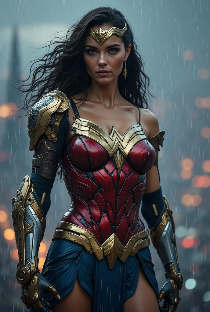 ((A beautiful woman under the mantle of the Amazon warrior Wonder Woman has long hair, black with a silver metal diaema this Diaema wears a red star on her forehead,His eyes are light blue. Her superheroine costume is samurai themed.. Usually (((Her costume includes a blue jumpsuit and a red armor top over her jumpsuit.))) on her knees screaming exhausted after an extensive battle blood around her in a rainy apocalyptic city cars and buildings on fire)))