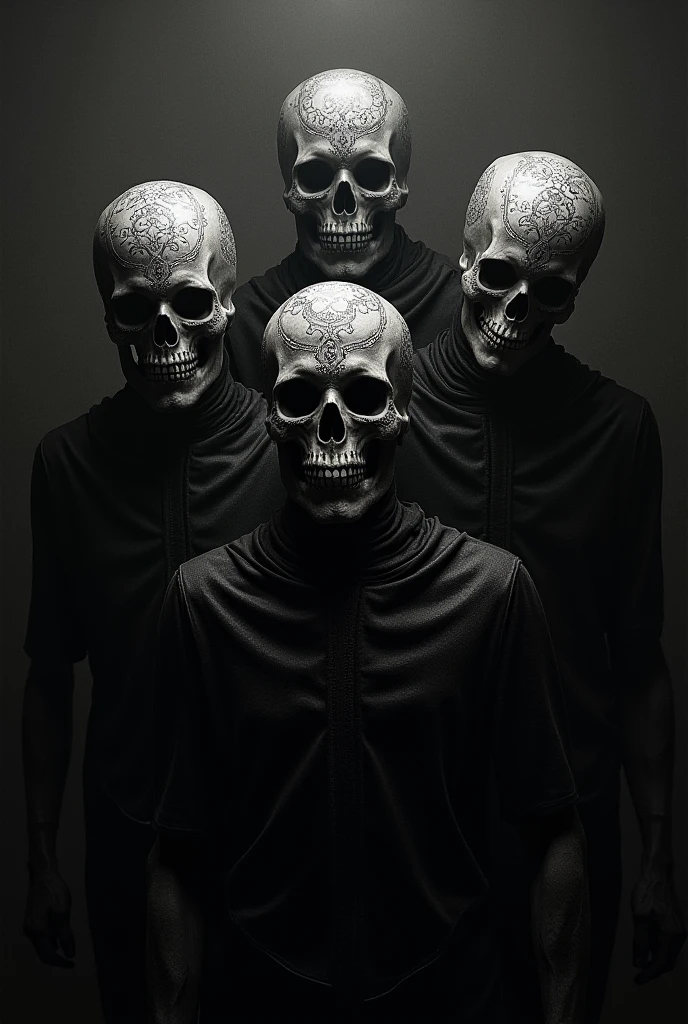 Potrait gothic image of a single bald skull surrounded by stylized hearts. Very dark and creepy vibes. Black background.