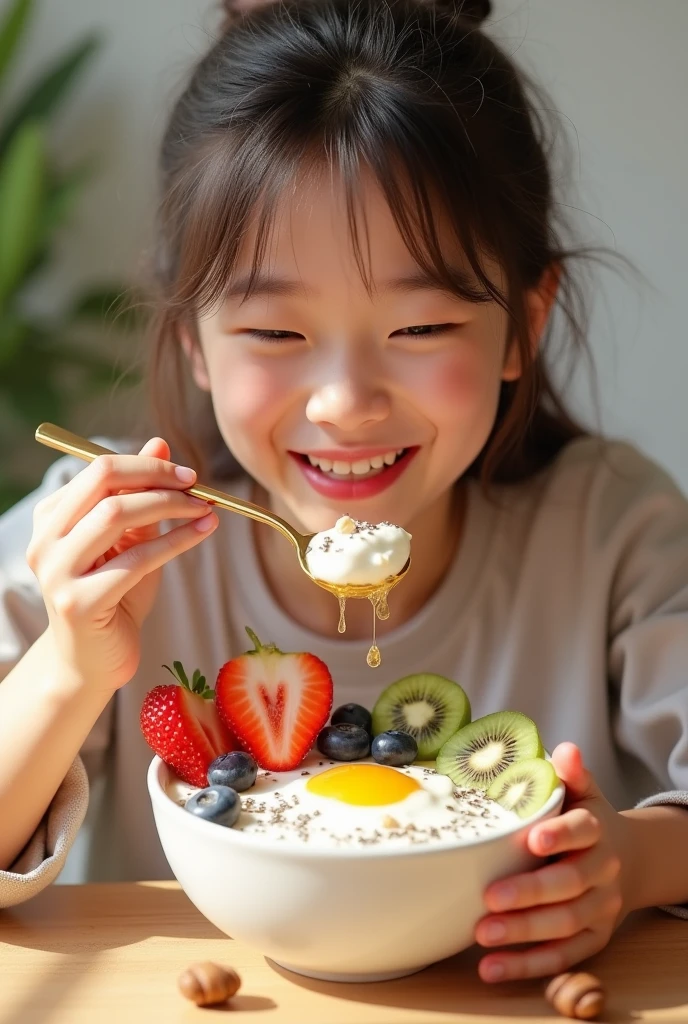 Chinese child holding a bottle of orange juice in the park, Happy kids, holding a bottle, full body potrait holding bottle, Wearing wheat yellow gauze, with a straw, small wide smile, at park, Funny, On a sunny day, , having a snack, Young asian boy, um dia ensolarado, young child