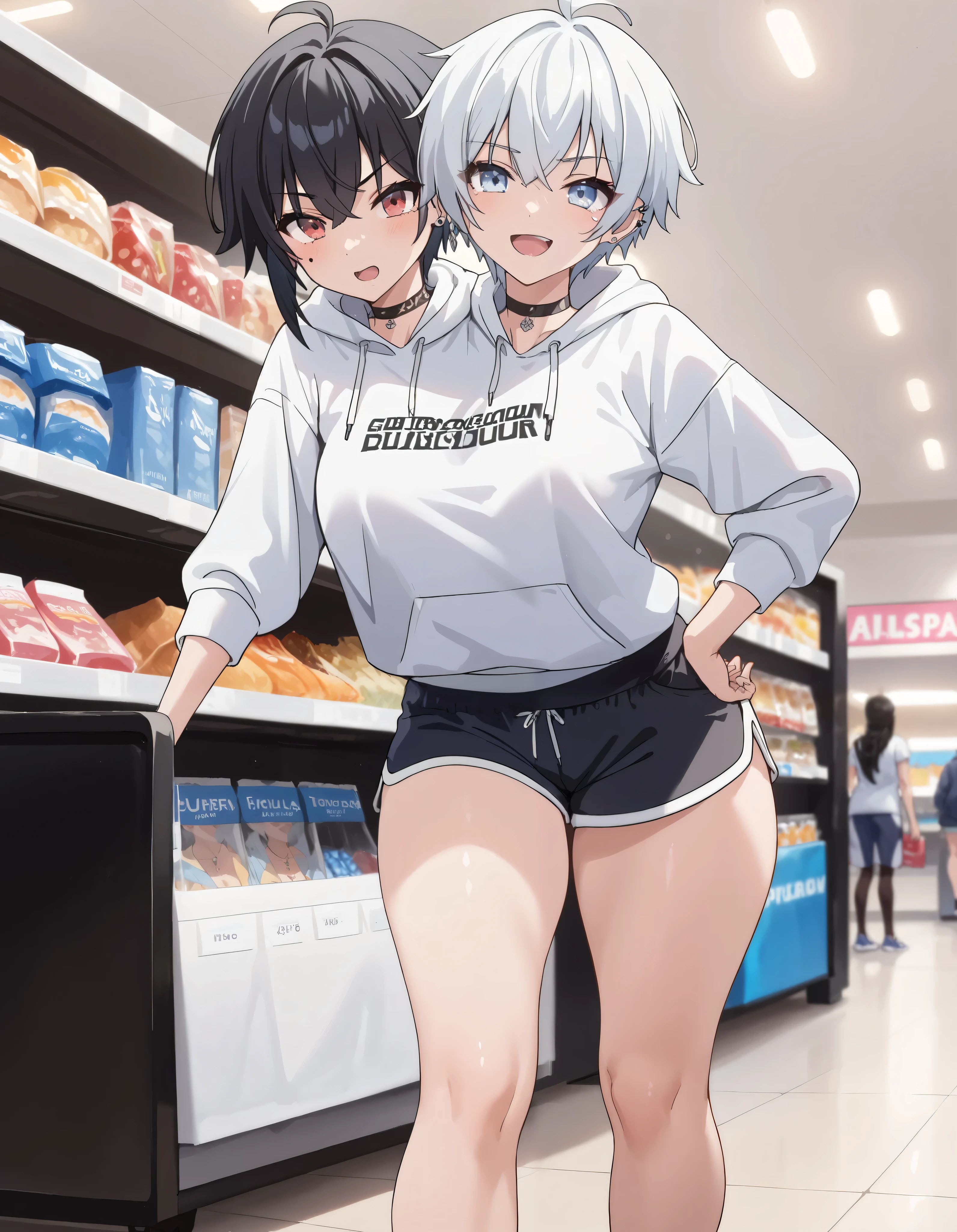 (whole body), he was a femboy, wore a black jacket, in a hoodie, Messy white hair, he was standing, blushing a lot, in a store, we bought a huge dildo, the salesman looked at him with a mischievous face, the femboy was shy and excited looking at the dildo, he was wearing short black shorts and black socks, ele tava in a store de sex toy, looking at the counter and the salesperson, dildo in his hand, in the other hand he pulled the hood to cover his face but failed