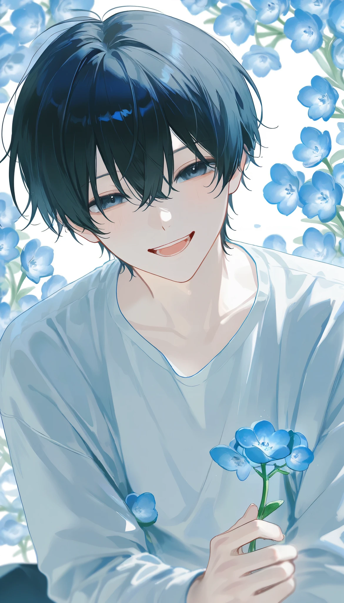 (1 man with short black hair:1.4)，((Nemophila's Flower Garden :1.4))、 the petals dance、 white shirt、Sunshine、 is bursting out laughing