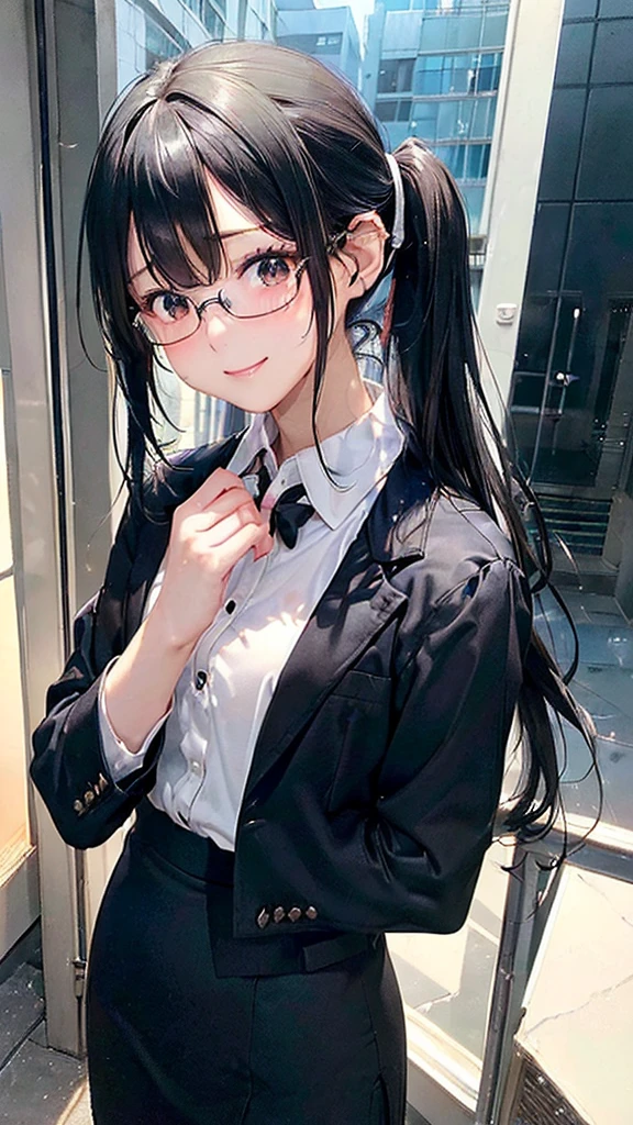 highest quality、Realistic、Women、zoom、cute、Grey Eyes、Black Hair、ponytail、ivory blazer、White blouse、Ribbon、Green checked pleated skirt、Glasses、Arms crossed、Looking down、smile、Bust Shot、