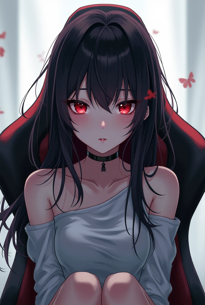 Una chica de cabello negro largo suelto, crimson red eyes. Labial rojo intenso, sombra de ojos roja , Cuerpo completo pechos muy grandes demonio, cuerpo completo completo desnuda acostada en la cama 