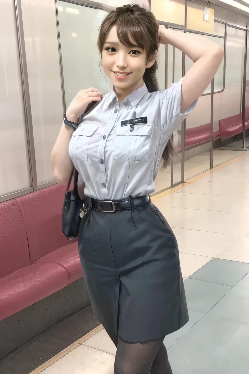 (Masterpiece:1.2, best quality :1.2), 32kHDR, high resolution, (Alone、 1 girl)、(Rooftop of a building during the day、 professional lighting)、Building rooftop background、( Tokyo Subway Woman Crew Uniform Real Style Woman 6)、(TOKYO SUBWAY WOMAN CREW UNIFORM BLOUSE SHORT SLEEVE 、 above knee culotte skirt、Waist belt)、 black pantyhose holding a puppy、 dark brown hair 、( hair gathered、 hair bang)、 dark brown hair 、Long Hit、 big breast、Thin legs、(( amazing hands:2.0)),((harmonious body proportions:1.5)),((Normal limbs:2.0)),((Usually refers to:2.0)),(( Delicate Eyes:2.0)),((Normal eyes:2.0)))、(Beautiful standing figure showing the Tokyo Subway Woman Crew Uniform) 、Hands crossed underneath 、Shy smile